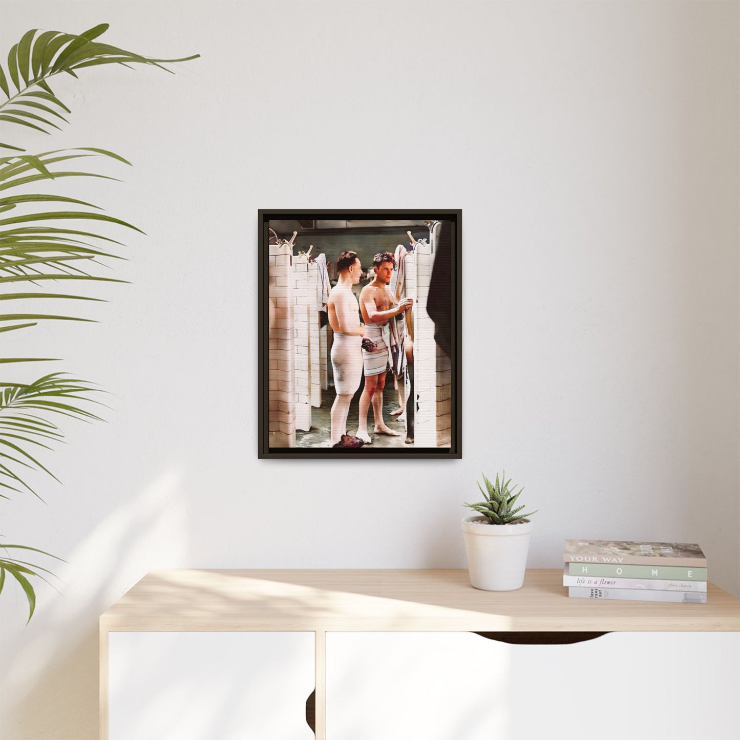 A restored and colorized vintage photo of Everard Baths in Manhattan, NYC. This framed matte canvas print celebrates LGBTQ+ history, capturing the spirit of camaraderie, liberation, and hidden stories from the past.