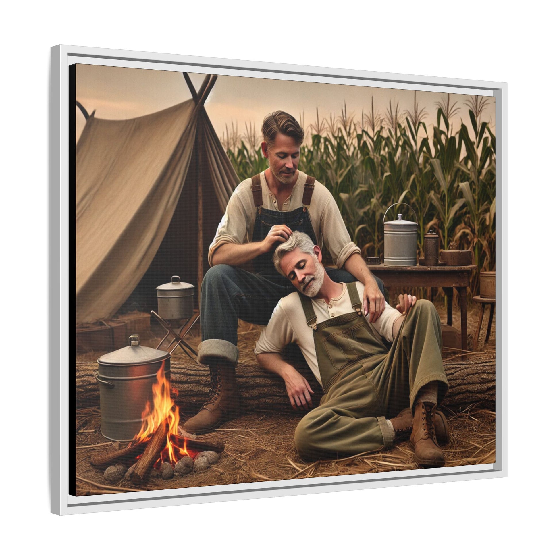 Older queer couple sharing a tender moment by the campfire, celebrating love