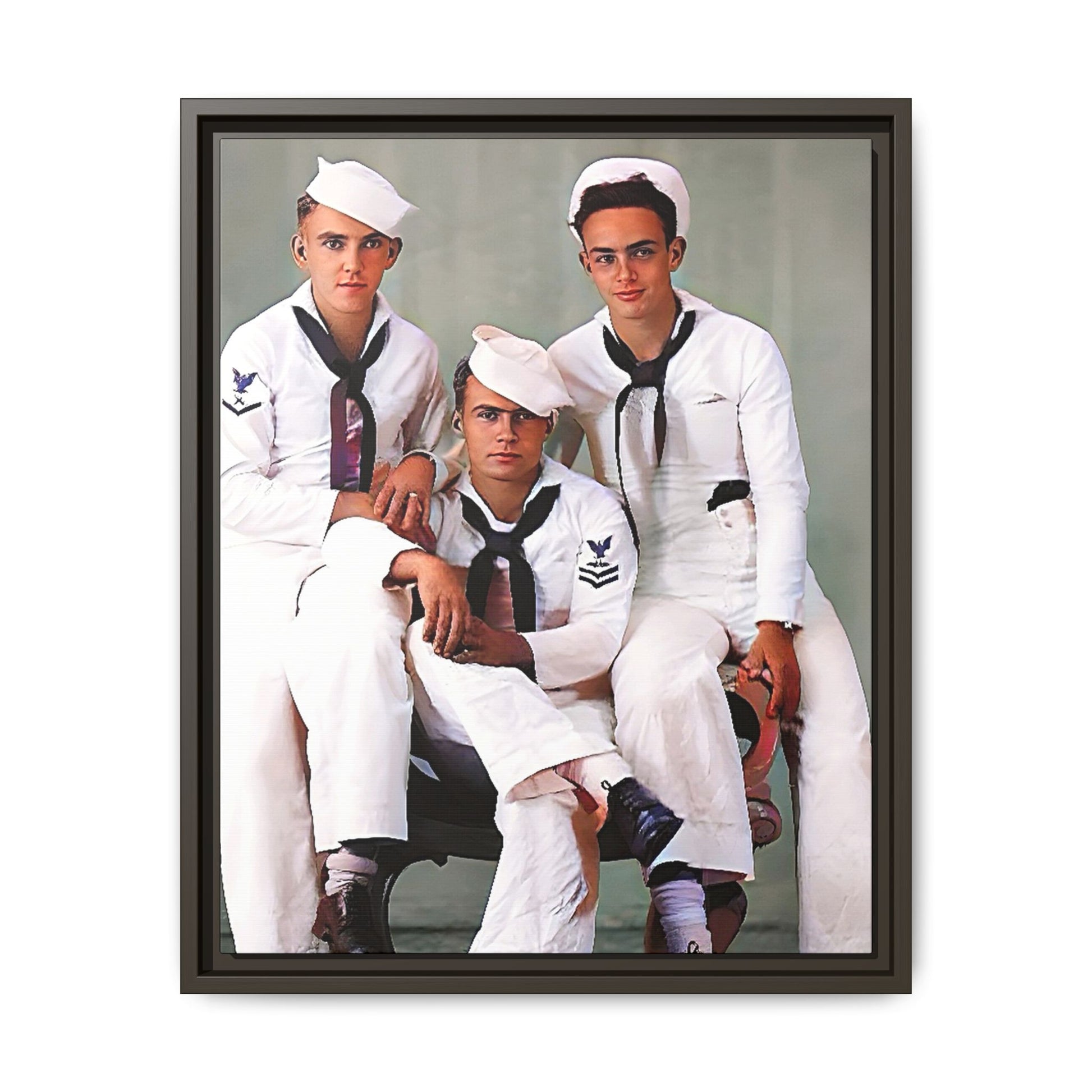 A restored vintage portrait of three sailors aboard the USS Alabama. This framed matte canvas honors naval history, camaraderie, and timeless service.