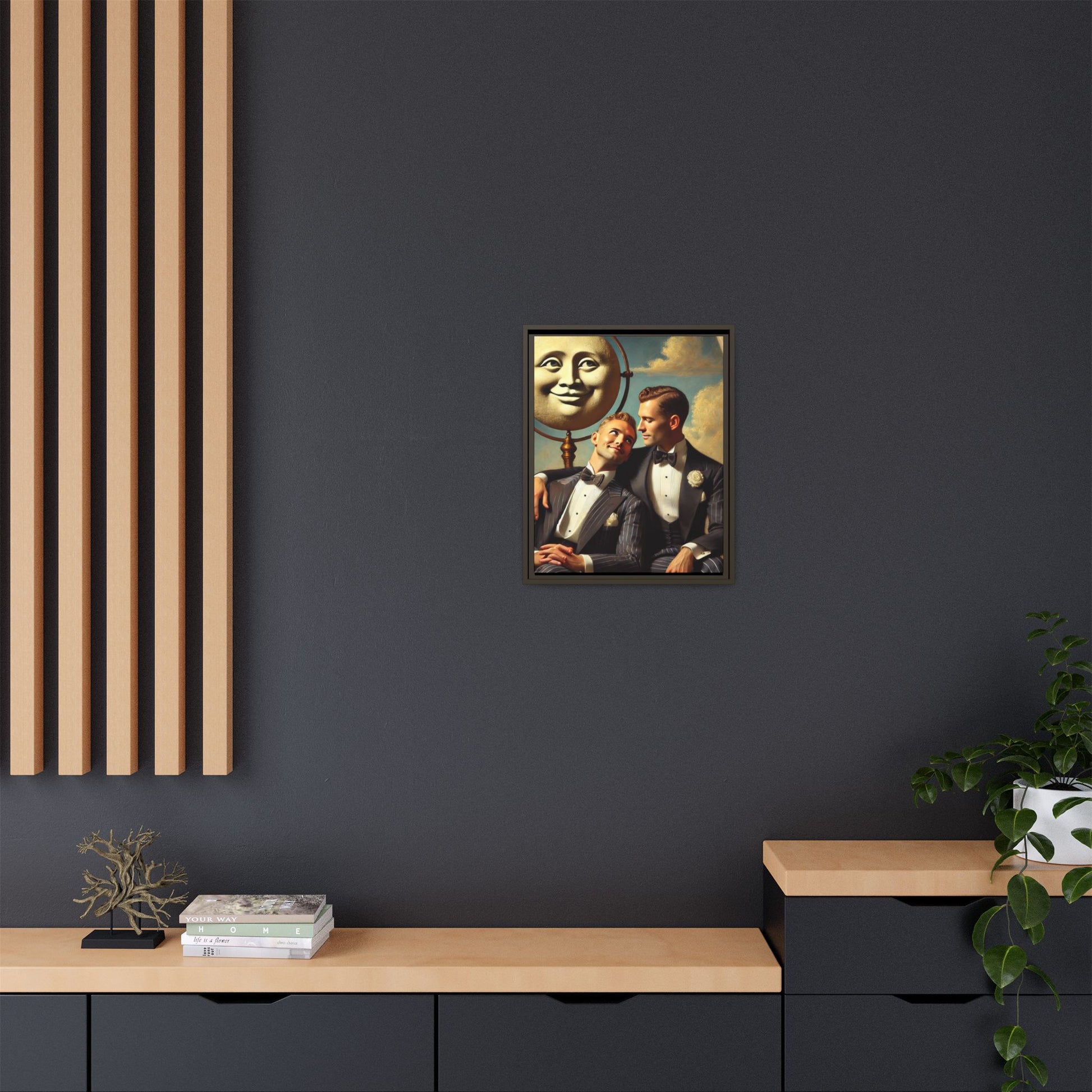 Framed matte canvas portrait featuring two young men in vintage overalls with a crescent moon prop above them. This artwork from the Missing Art Studies series reclaims LGBTQ+ imagery that may have been lost to bias, presenting warmth, intimacy, and presence.