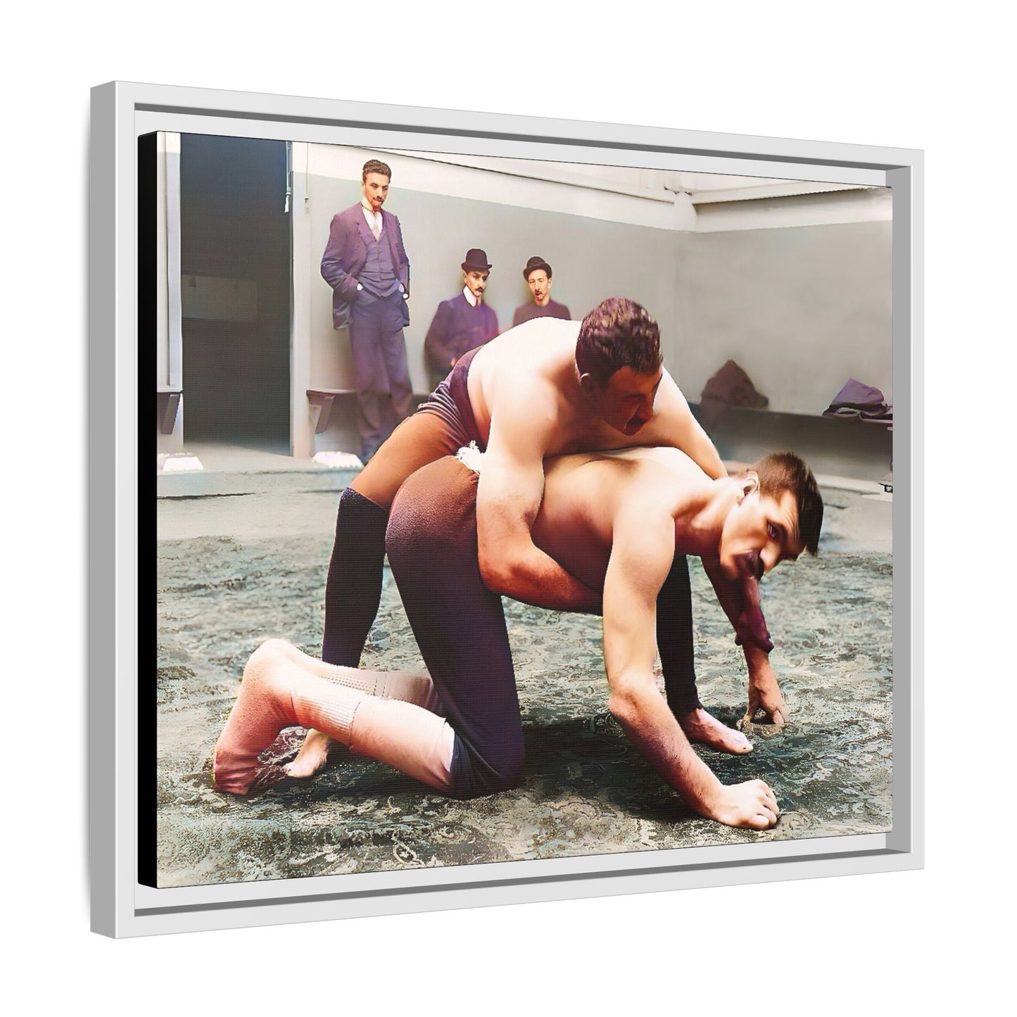 A framed vintage wrestling photograph on matte canvas featuring a Victorian-era match at Love’s Wrestling Club in Plumstead, UK, capturing strength and camaraderie.