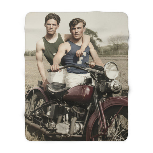 Cozy fleece throw with restored historical motorcycle portrait in an open field