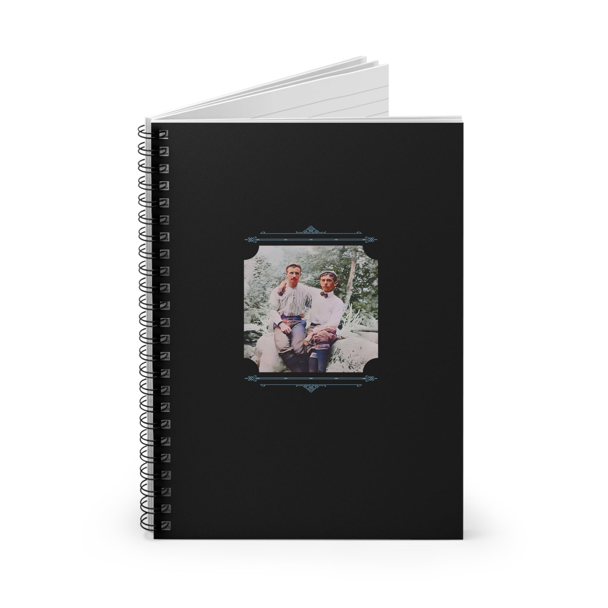 Spiral notebook with vintage photo of two men outdoors sitting together on a rock, lovingly posed