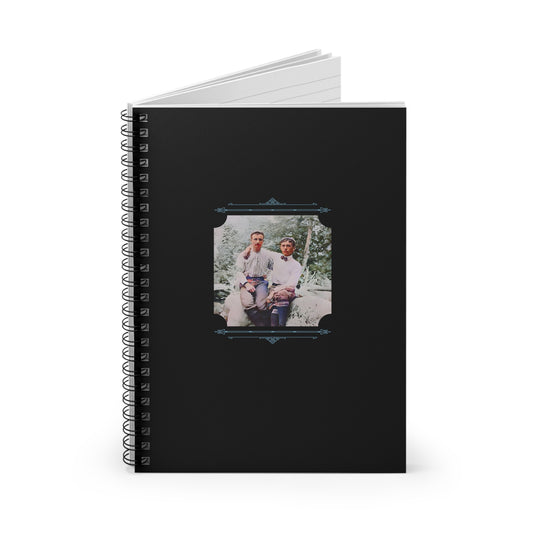 Spiral notebook with vintage photo of two men outdoors sitting together on a rock, lovingly posed
