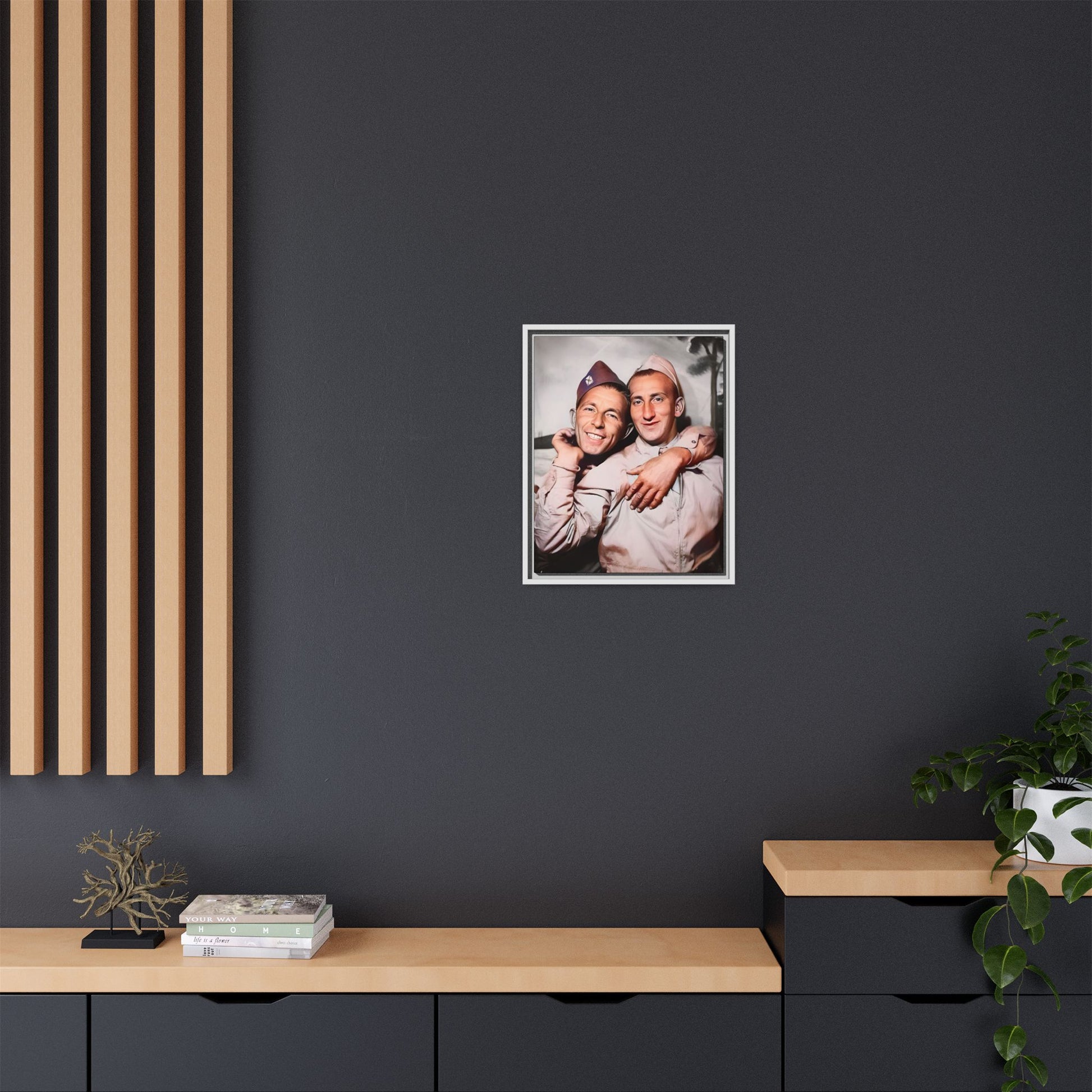 A framed vintage photo on matte canvas featuring a heartfelt portrait of a military couple at Fort Jackson, South Carolina, celebrating love and resilience in history.