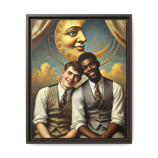 A vintage-style artwork showing a young interracial gay couple in 1920s attire sitting beneath a golden crescent moon with a serene expression. Their joyful closeness reclaims erased queer history and reflects the beauty of interracial love through a lens of tenderness and celebration.