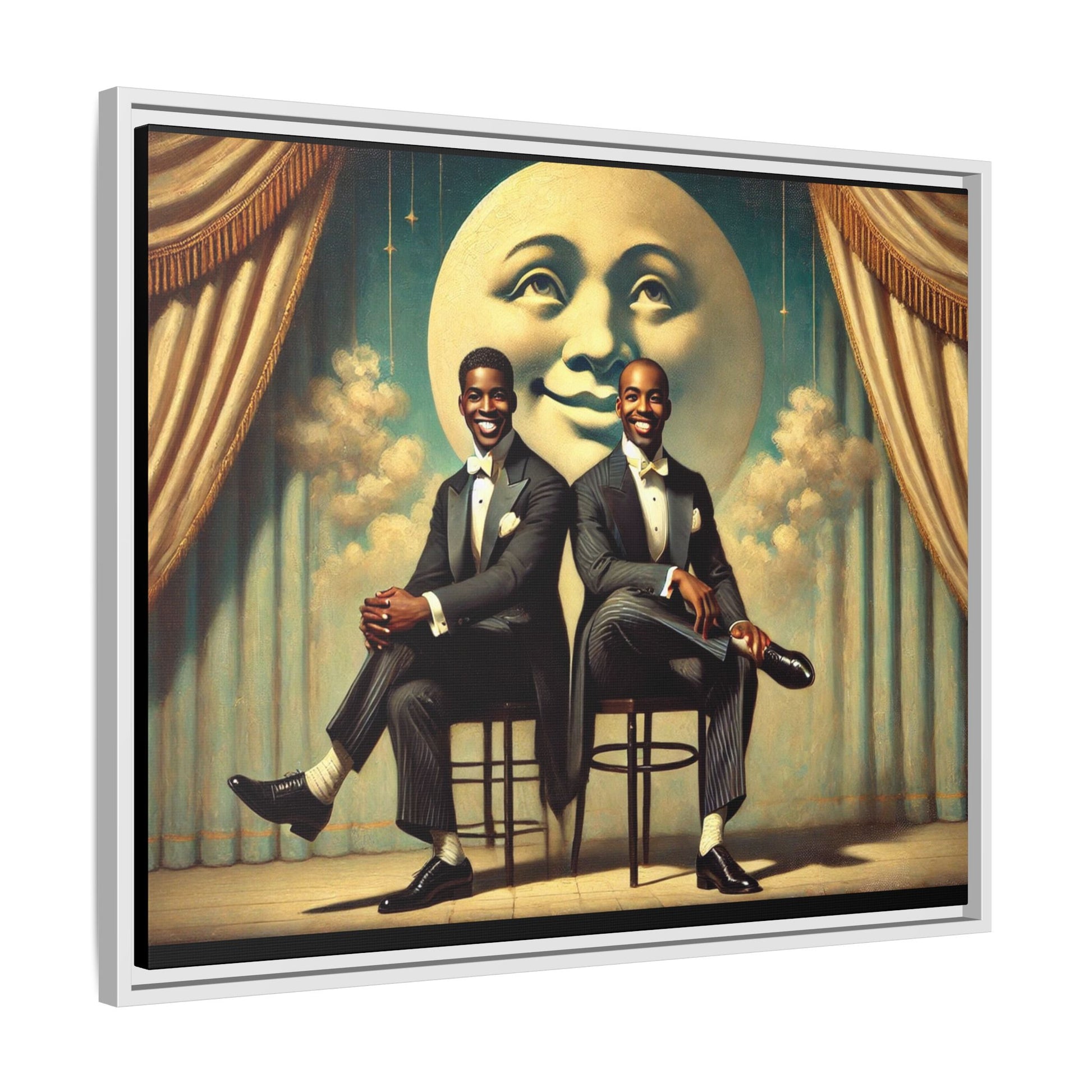 Framed vintage-style portrait of two Black men in tuxedos seated under a smiling crescent moon prop with golden curtains and cloud backdrop. This restored matte canvas honors lost LGBTQ history and reclaims early 20th-century queer representation with pride.