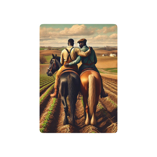 Vintage-style poker deck featuring two Black farmers riding horseback in a golden field, embracing in quiet love. Black Love