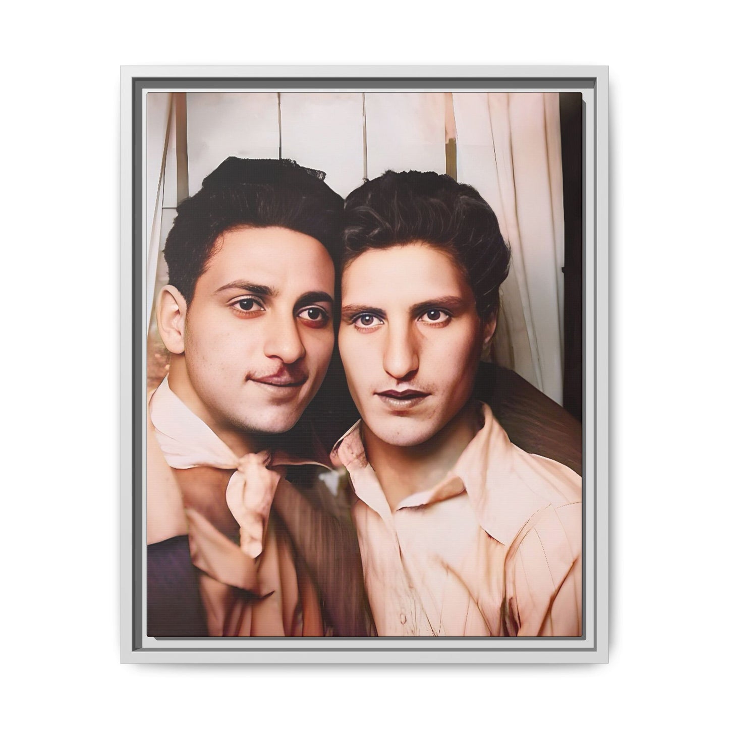 A framed vintage photo booth portrait on matte canvas featuring Juan and Lawrence in Santa Monica, California, capturing timeless LGBTQ+ love and companionship. Gay Couple