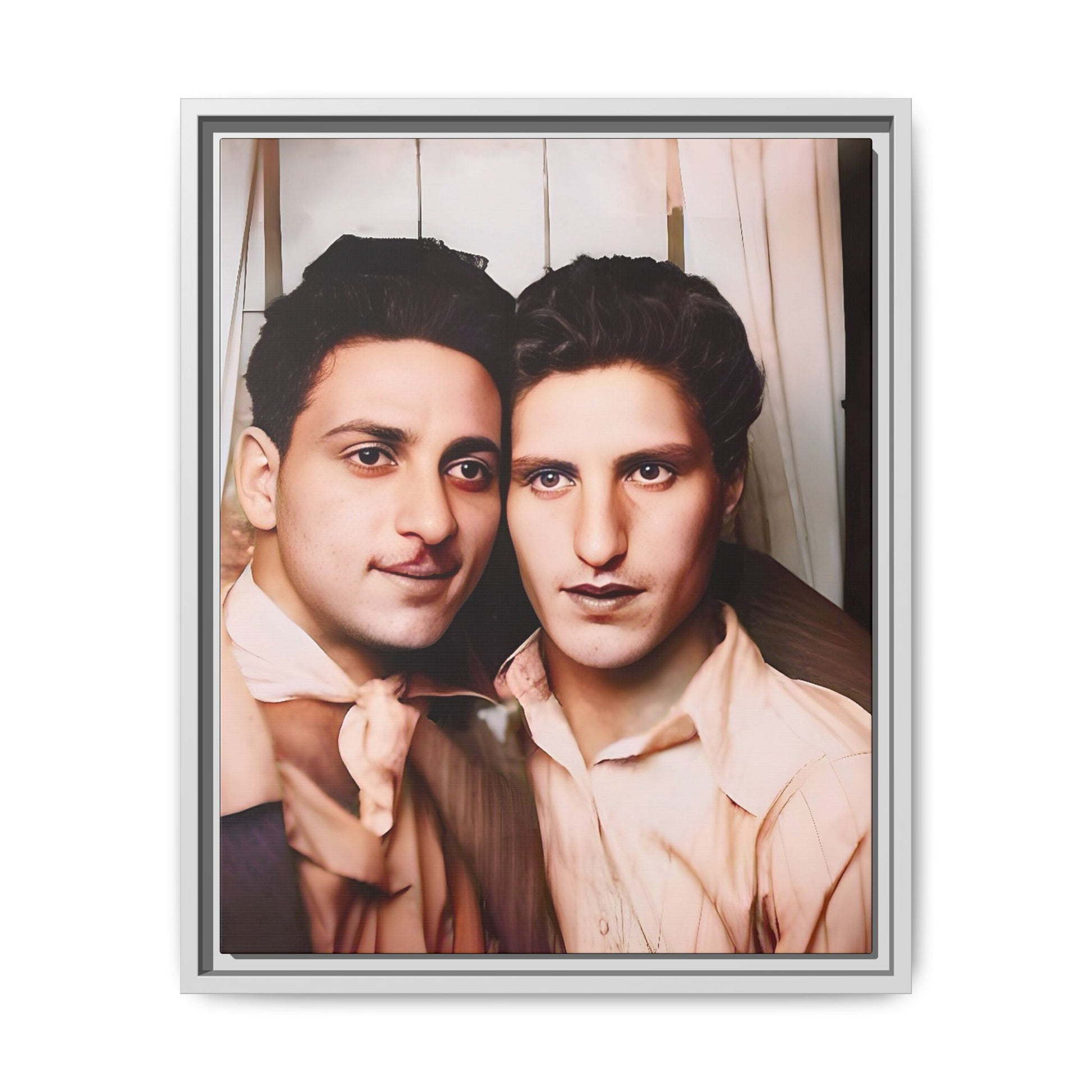 A framed vintage photo booth portrait on matte canvas featuring Juan and Lawrence in Santa Monica, California, capturing timeless LGBTQ+ love and companionship. Gay Couple