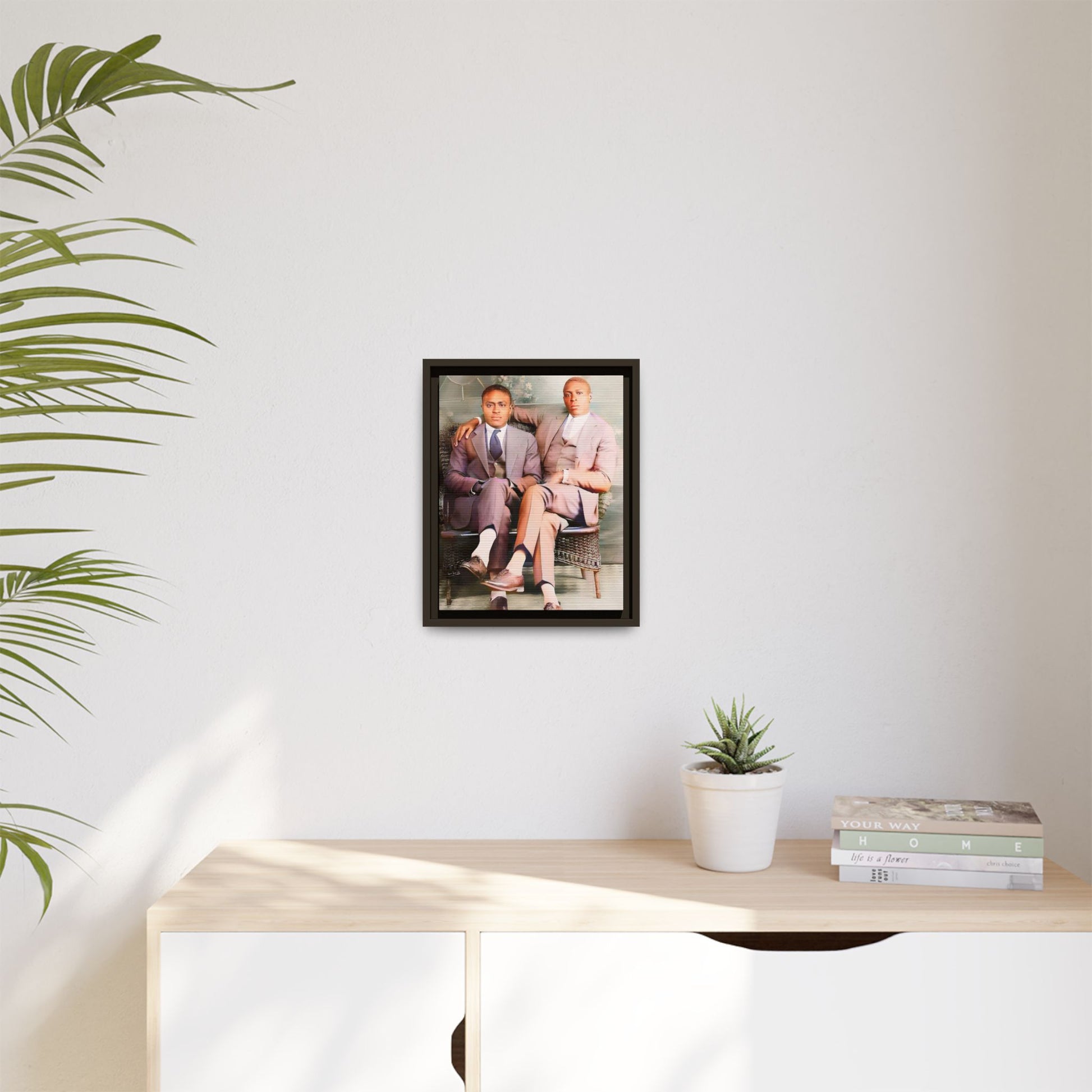 Restored vintage portrait of Walter & George, an African American gay couple seated in Birmingham AL, framed canvas art. Gay Juneteenth Black Love History Month