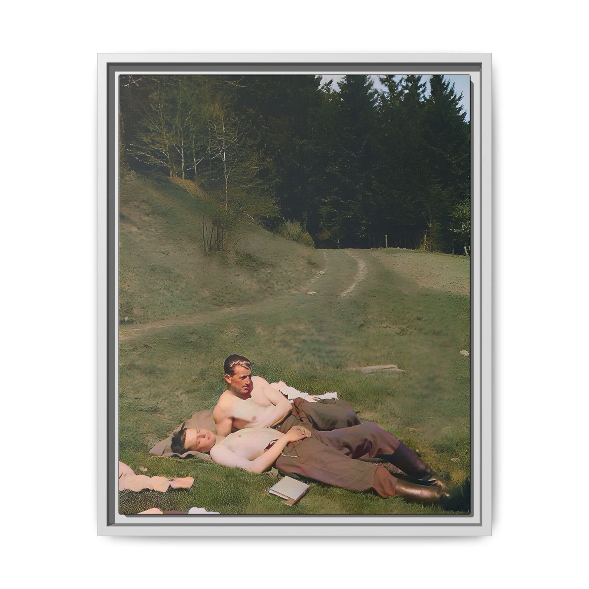 A framed vintage portrait on matte canvas featuring Anthony and Claude in the Belluno Dolomites, capturing nature, serenity, and timeless connection. Gay Couple, LGBTQ Soldiers