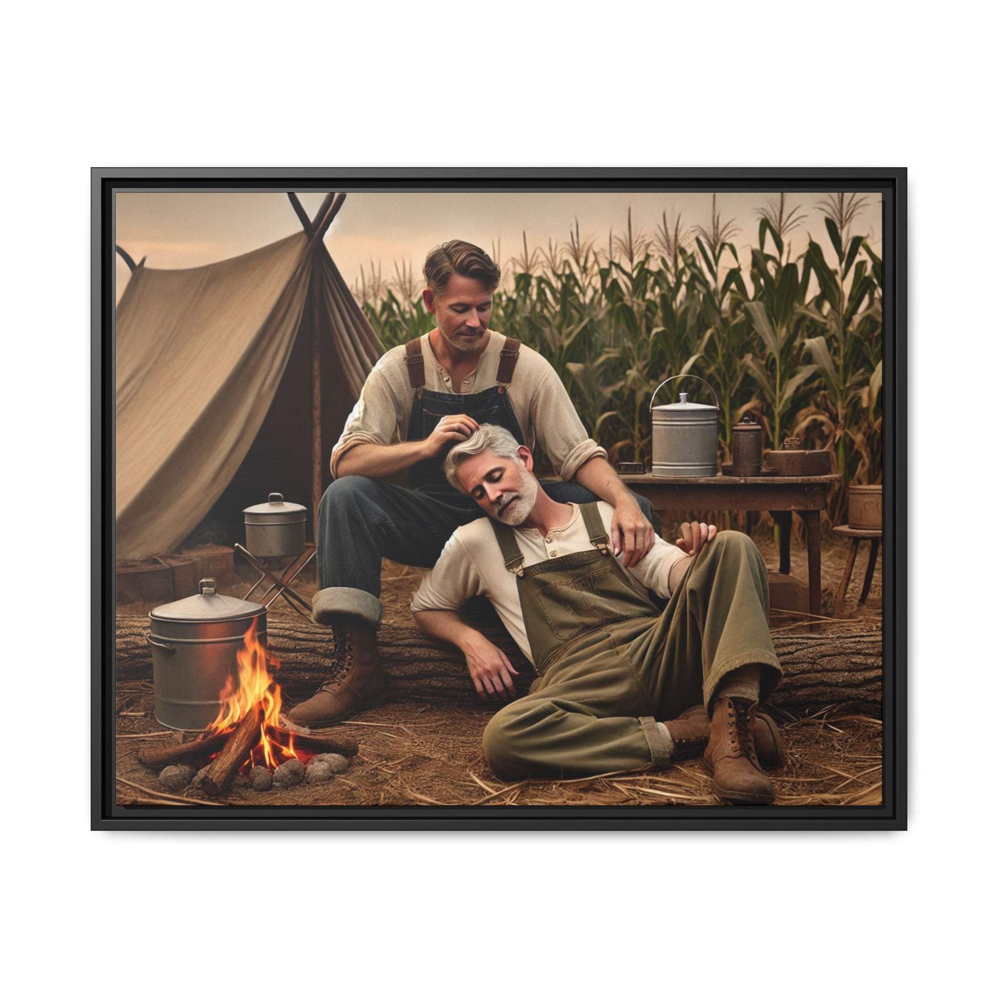 Older queer couple sharing a tender moment by the campfire, celebrating love