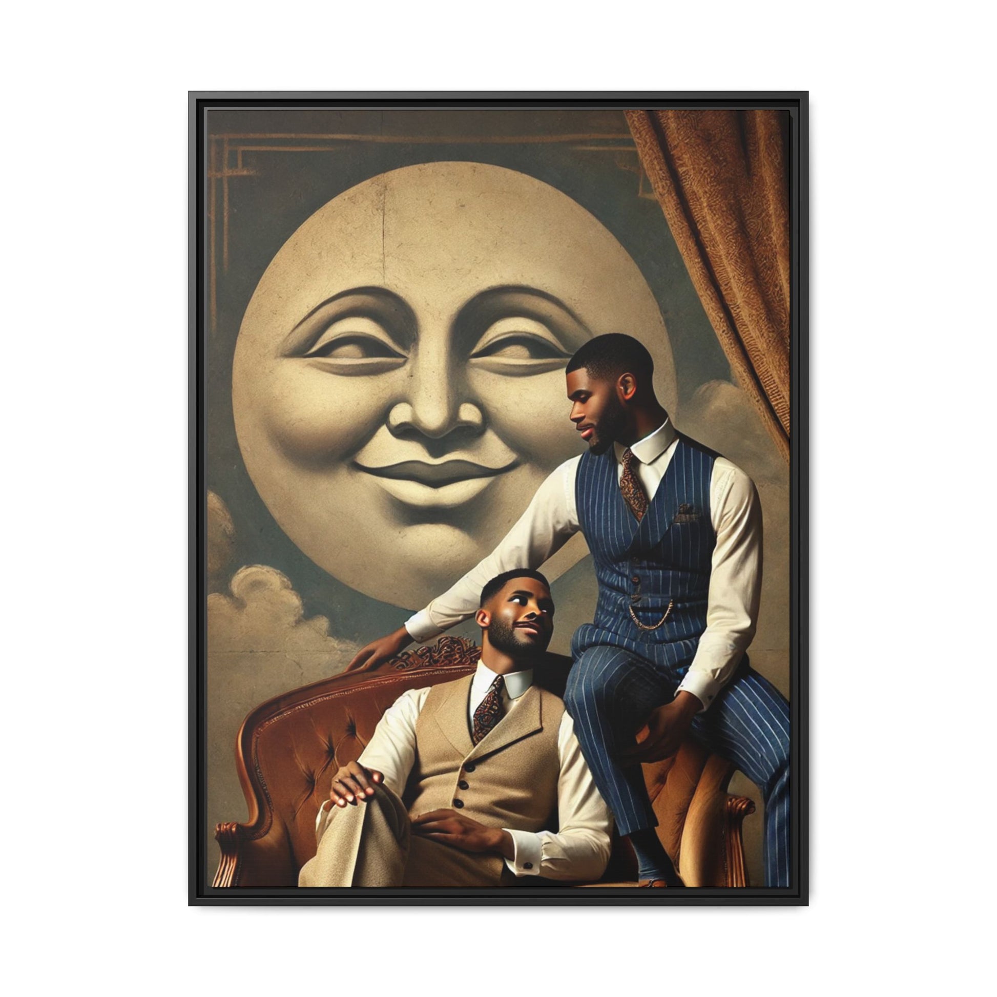 An elegant portrait of two Black men in vintage suits, seated affectionately beneath a smiling full moon. This 1920s-inspired artwork reclaims lost LGBTQ history, honoring Black queer love through style, softness, and resilience.