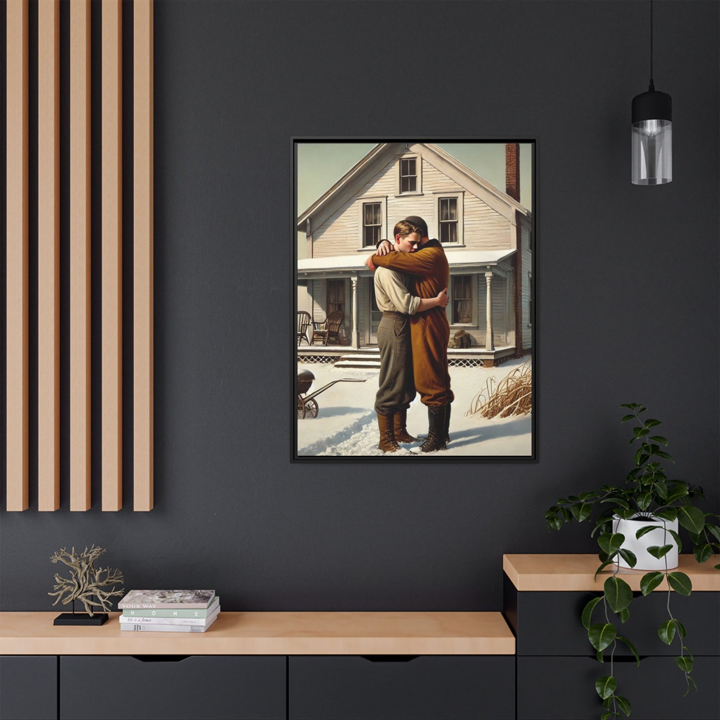 Artwork of a tender moment between a gay couple embracing outside a farmhouse in a snowy, rural landscape. Dressed in vintage attire, the two men find warmth and comfort in each other’s arms, capturing love and connection in a serene, Americana winter setting