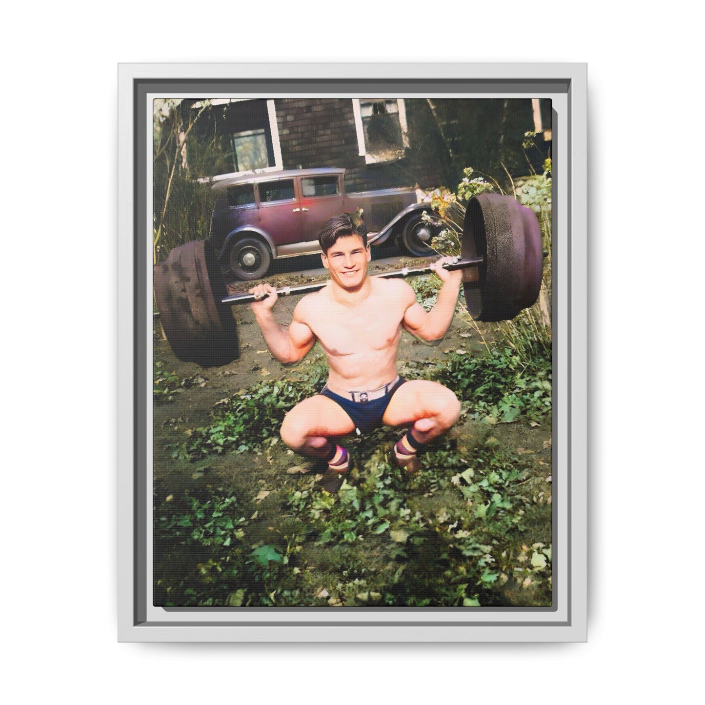 A restored 1934 vintage portrait of Wayne in Lake Forest, Illinois. This framed matte canvas captures strength, charm, and small-town American heritage. Gay Body Builder