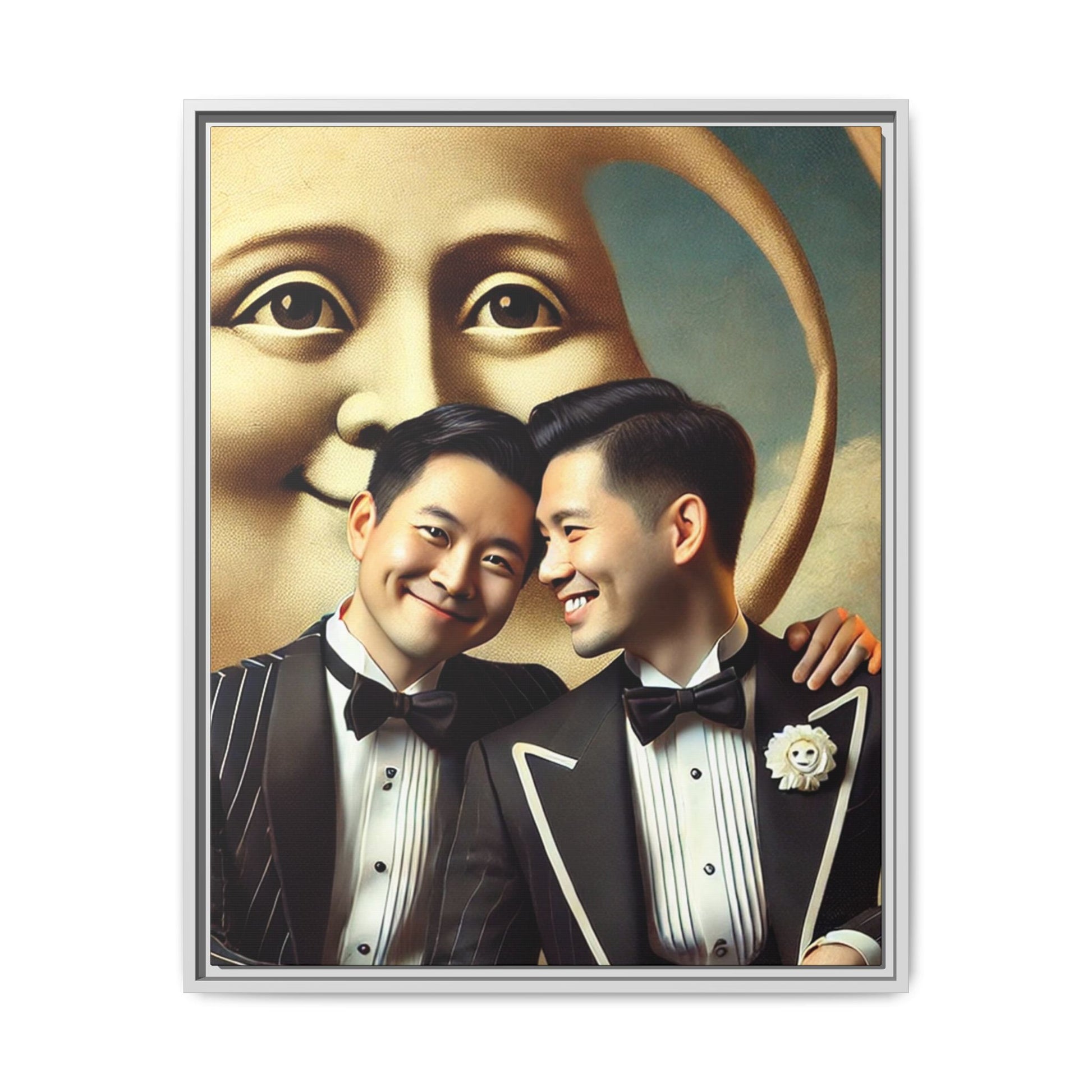 Framed matte canvas featuring a joyful queer Asian couple in tuxedos standing beneath a crescent moon. This artwork, part of the Missing Art Studies series, reimagines erased queer histories with warmth, dignity, and vintage-inspired style.