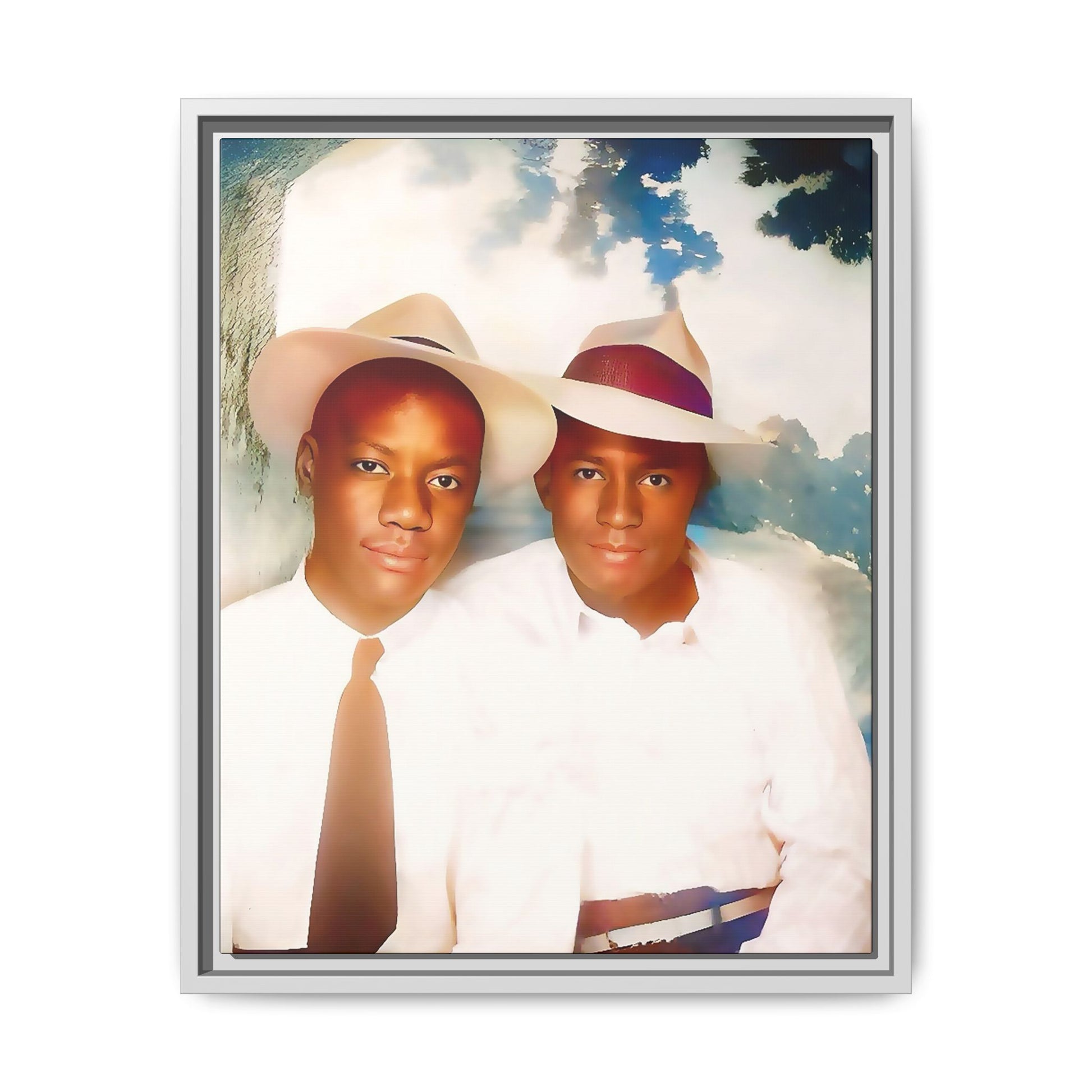 A restored vintage portrait of Bryson & Damien in Taylor, Mississippi. This framed matte canvas celebrates LGBTQ+ history, Southern charm, and timeless love. African American Gay Couple