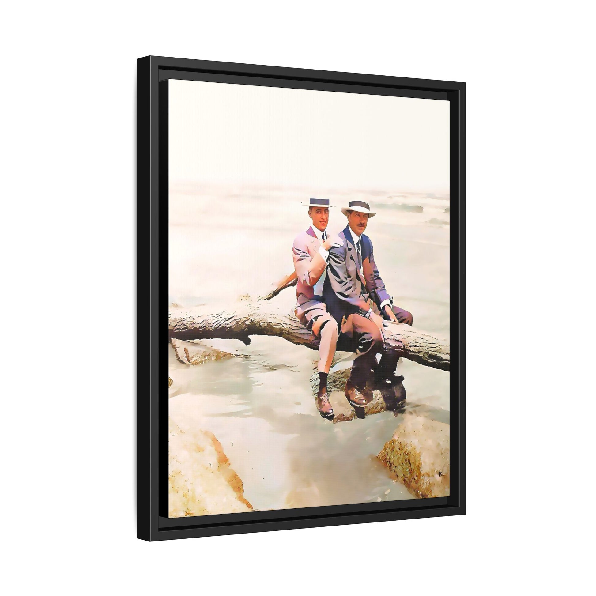 A restored vintage riverside portrait of Edward & Walter in Danbury, Connecticut. This framed matte canvas honors LGBTQ+ history, elegance, and timeless companionship. Gay Couple