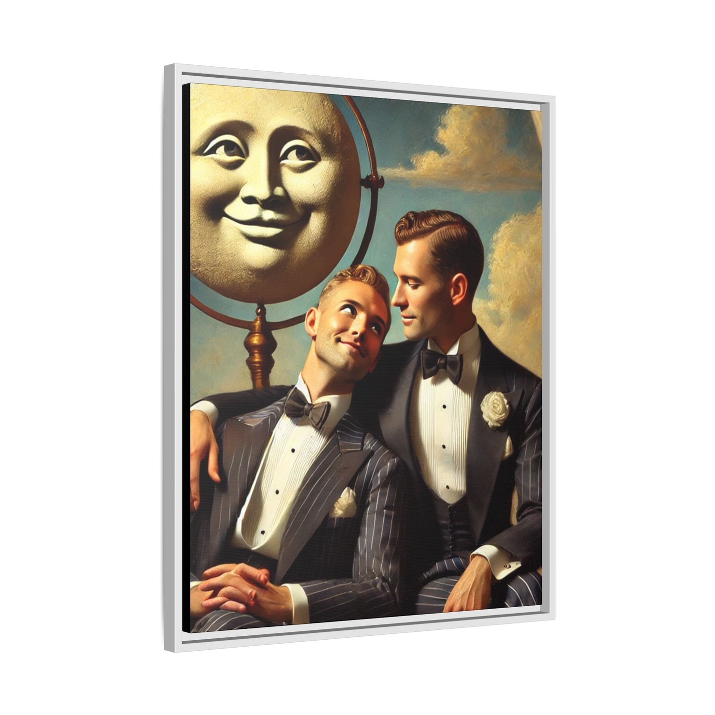 Framed matte canvas portrait featuring two young men in vintage overalls with a crescent moon prop above them. This artwork from the Missing Art Studies series reclaims LGBTQ+ imagery that may have been lost to bias, presenting warmth, intimacy, and presence.