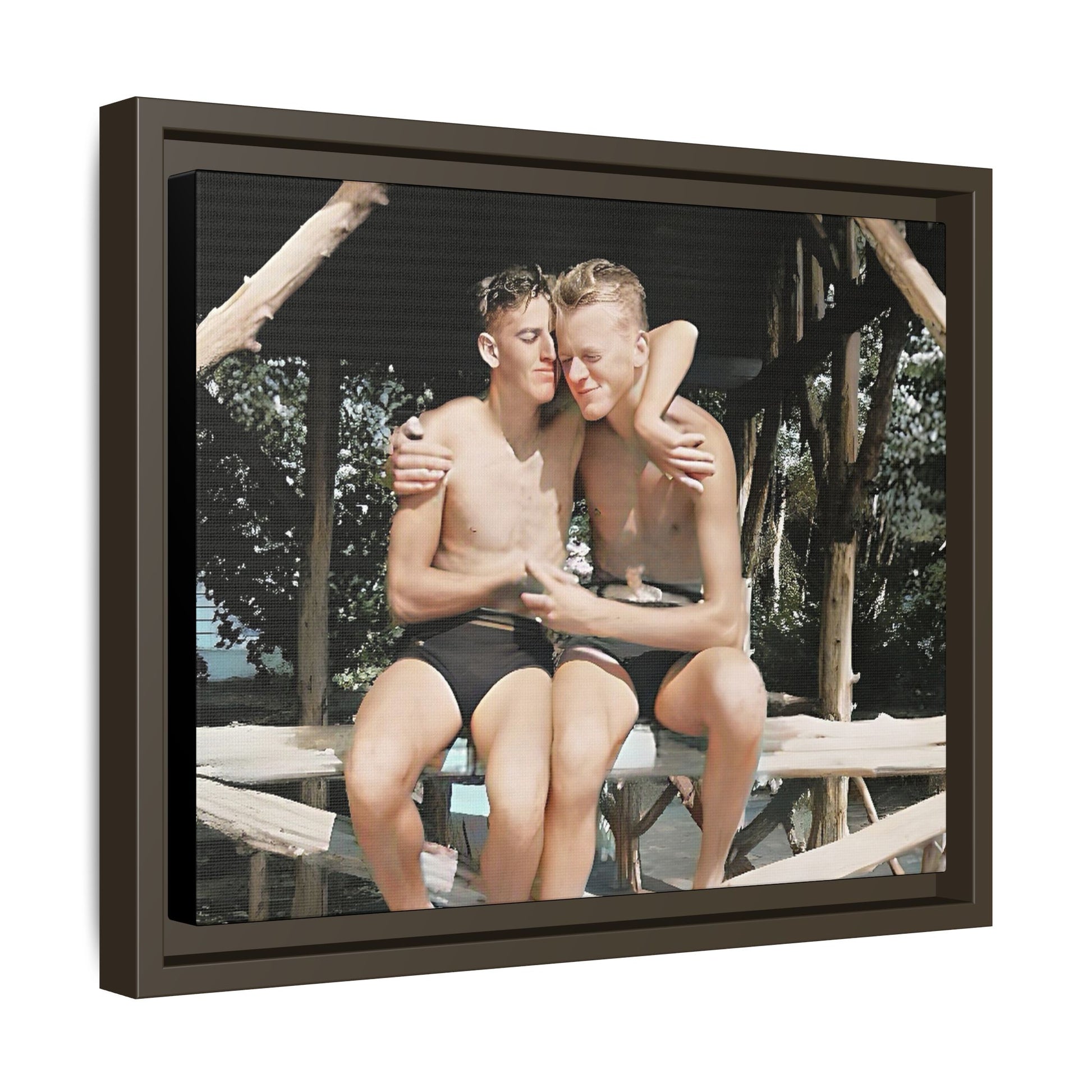 A vintage-inspired framed canvas print featuring Joseph and Billy at Kahena Beach, Hawaii. Their intimate moment under a sunlit pergola captures the warmth of love, freedom, and tropical serenity—perfect for coastal, LGBTQ+, and romantic home decor.