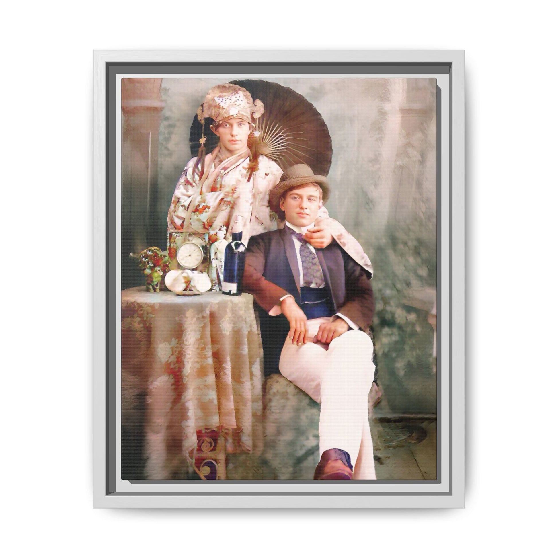 Restored early 1900s vintage photo from Mystic Memphi Carnival in Memphis, Tennessee, featuring elegance and creativity. Framed matte canvas art celebrating individuality and historical charm.  Gay Couple