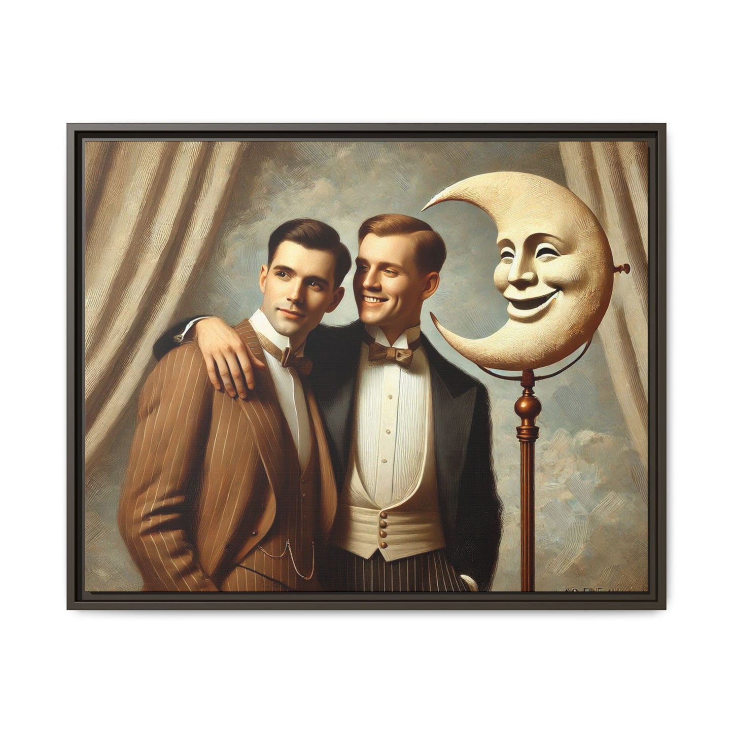 Framed matte canvas artwork of two men in vintage tuxedos standing beside a crescent moon prop. This piece reclaims LGBTQ+ representation lost to bias and honors everyday moments of affection and connection once absent from historical archives.