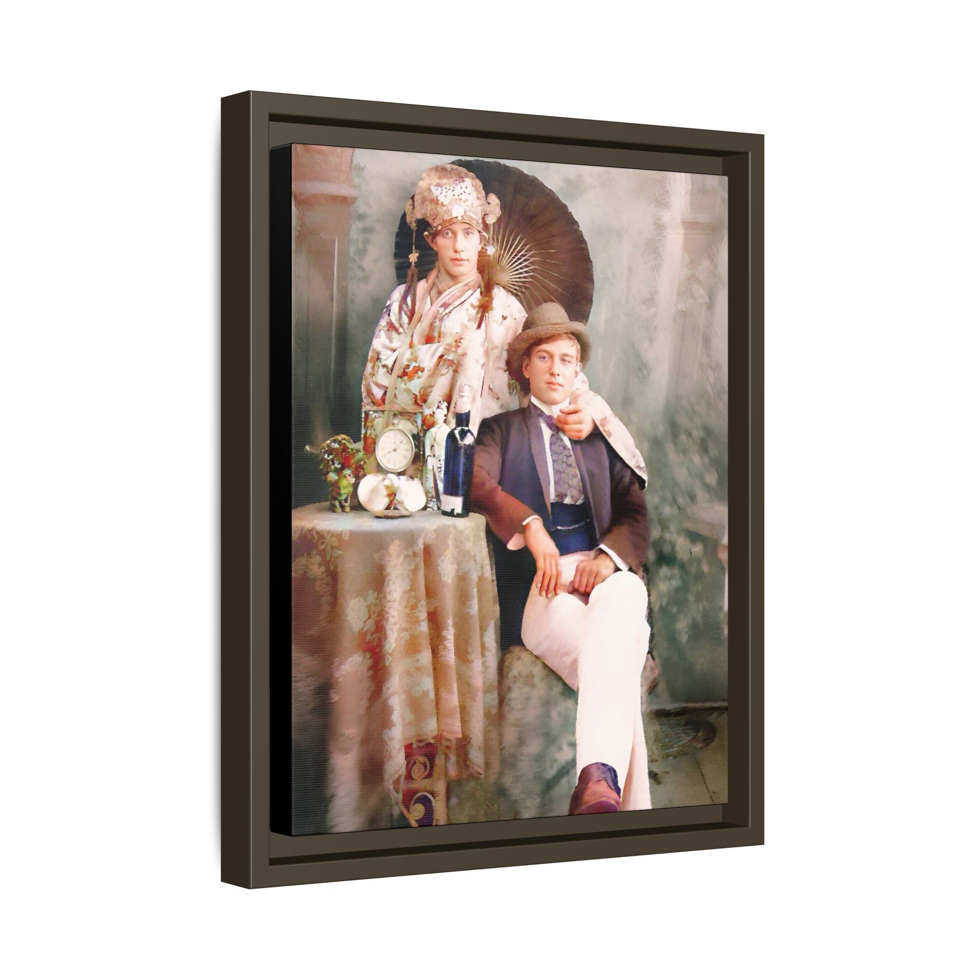 Restored early 1900s vintage photo from Mystic Memphi Carnival in Memphis, Tennessee, featuring elegance and creativity. Framed matte canvas art celebrating individuality and historical charm.  Gay Couple