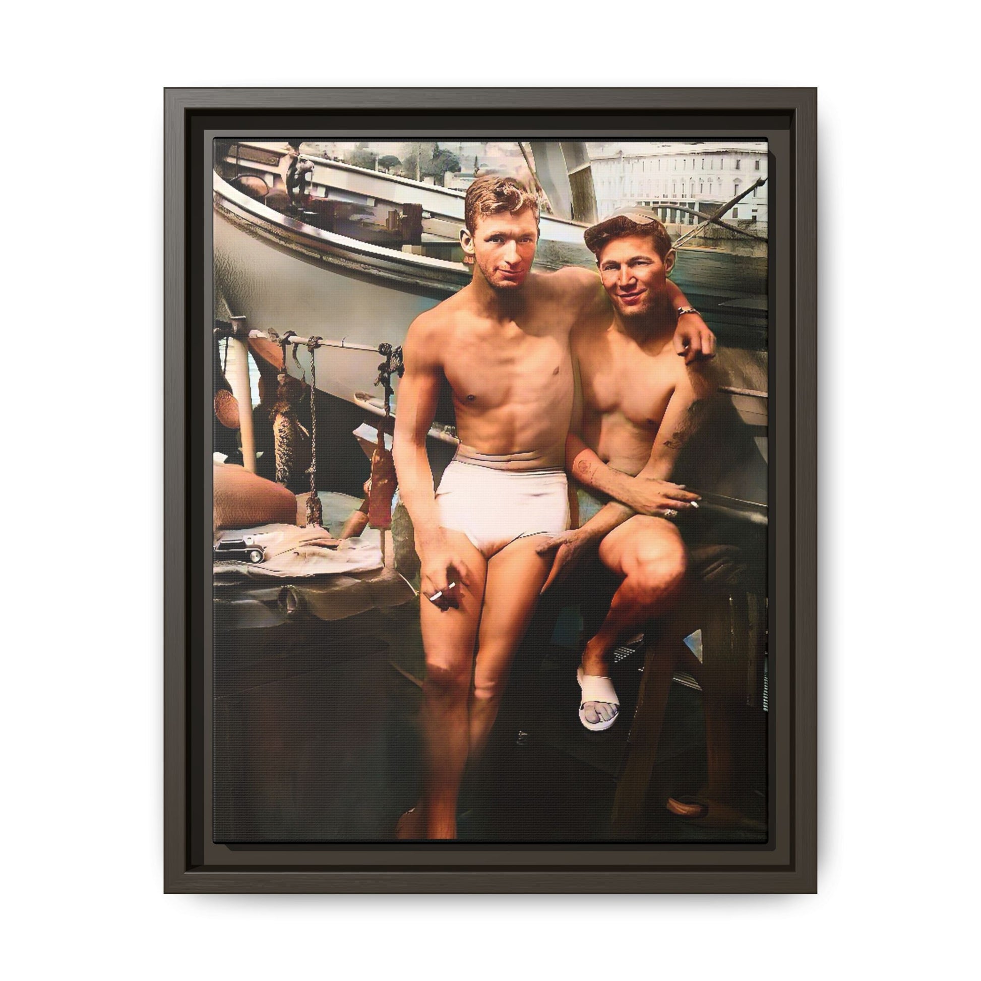 A framed vintage nautical portrait on matte canvas featuring Richard and Joey in Gulf Shores, Alabama, capturing timeless LGBTQ+ connection and coastal charm. Gay Couple