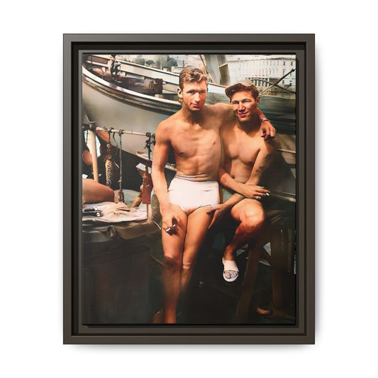 A framed vintage nautical portrait on matte canvas featuring Richard and Joey in Gulf Shores, Alabama, capturing timeless LGBTQ+ connection and coastal charm. Gay Couple