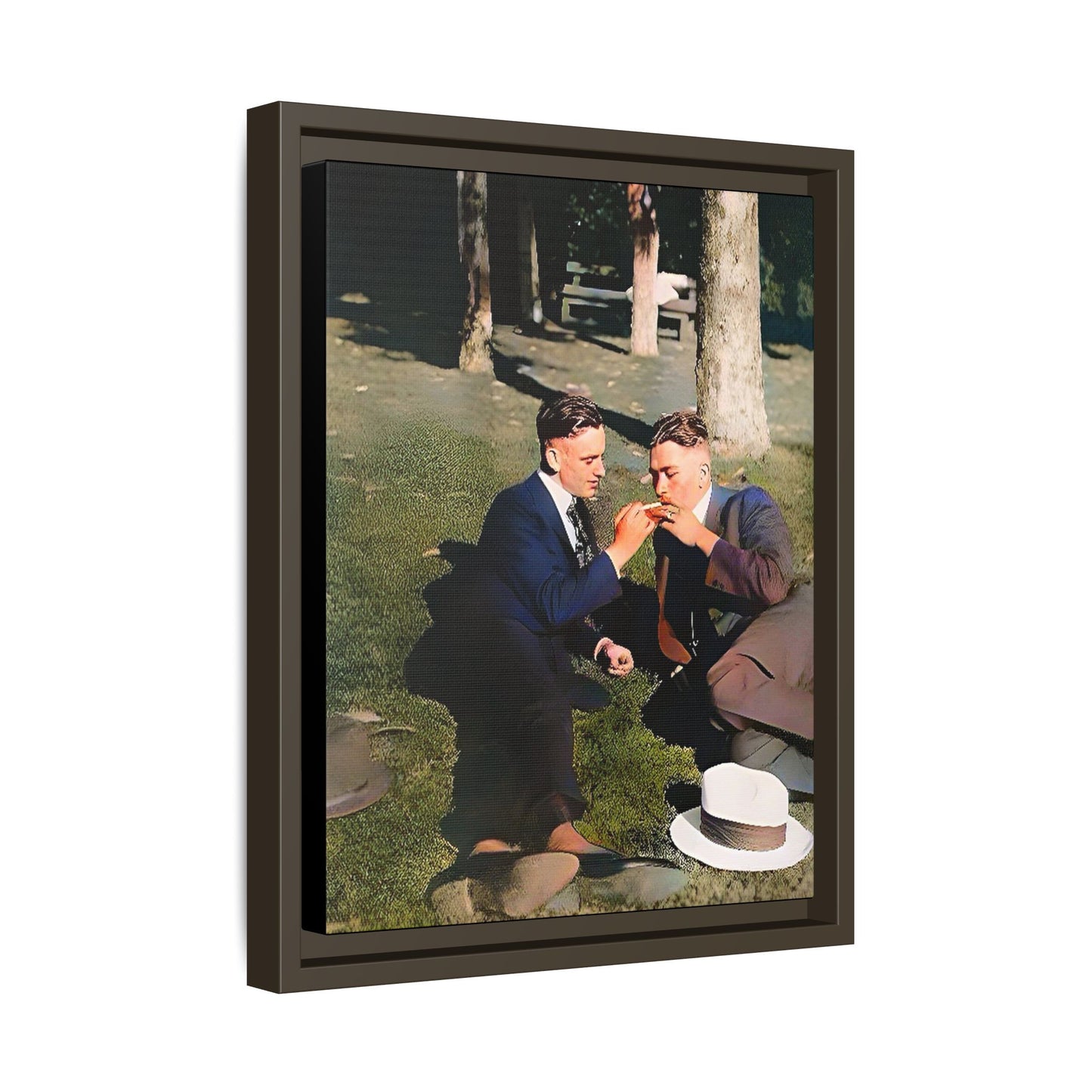 A framed vintage portrait on matte canvas featuring Oscar and Iván in Central Park, Manhattan, capturing timeless love and 1920s elegance. Gay Couple Queer History