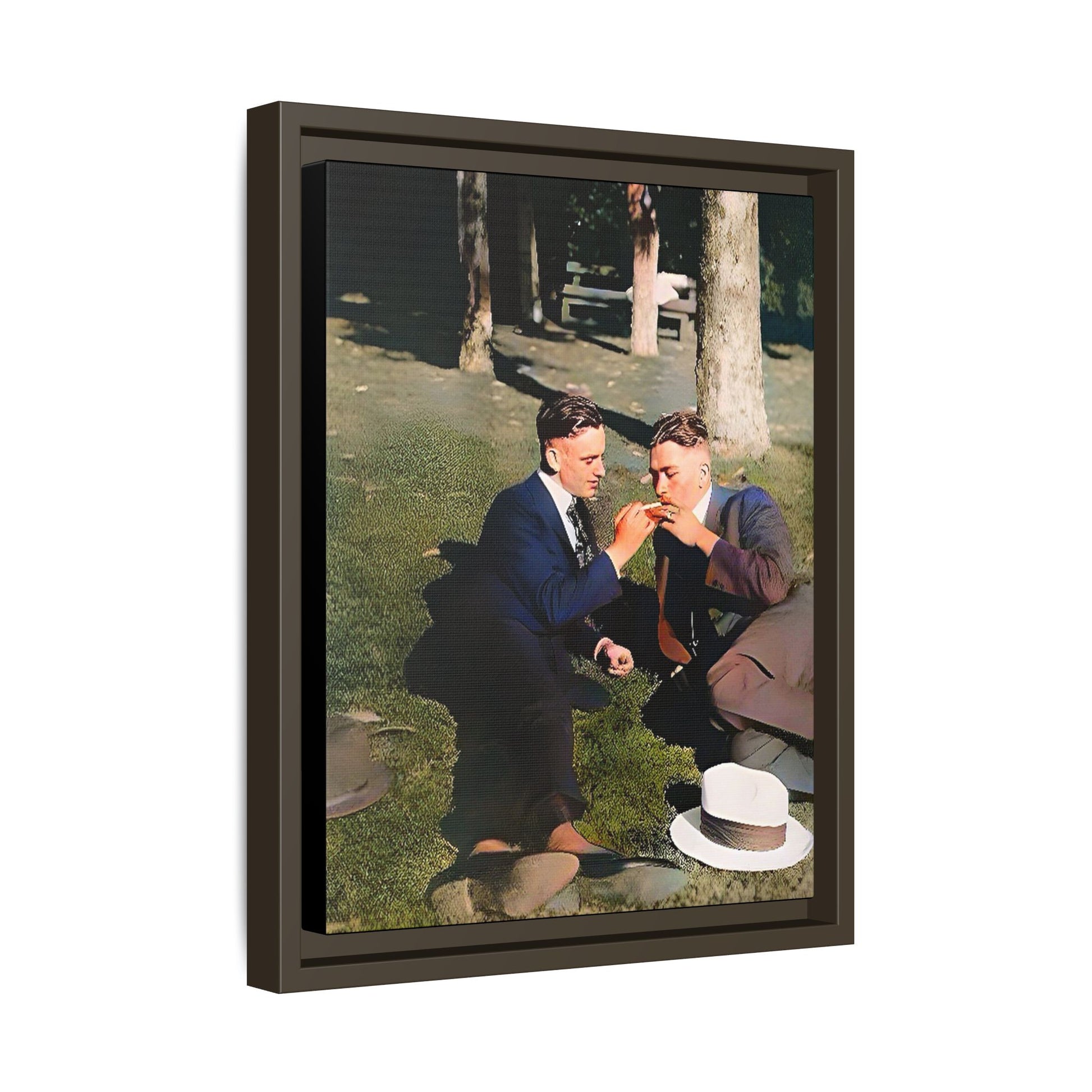 A framed vintage portrait on matte canvas featuring Oscar and Iván in Central Park, Manhattan, capturing timeless love and 1920s elegance. Gay Couple Queer History