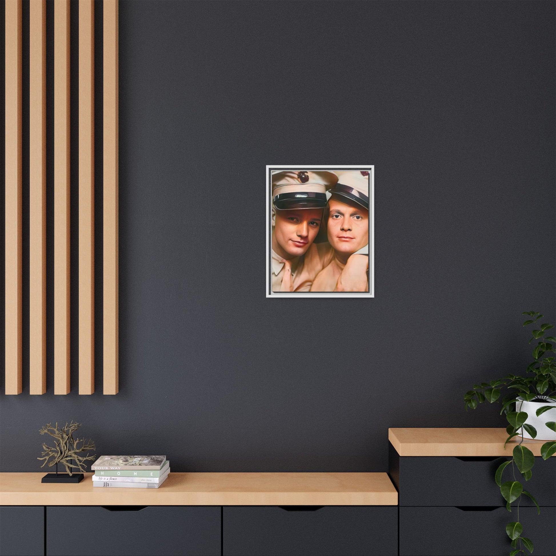 Restored vintage photograph of Paul and Ralph, an early 20th-century LGBTQ+ military couple from Camp Atterbury, Indiana. Framed matte canvas print celebrating love, courage, and LGBTQ+ history. Gay Couple Photo Booth