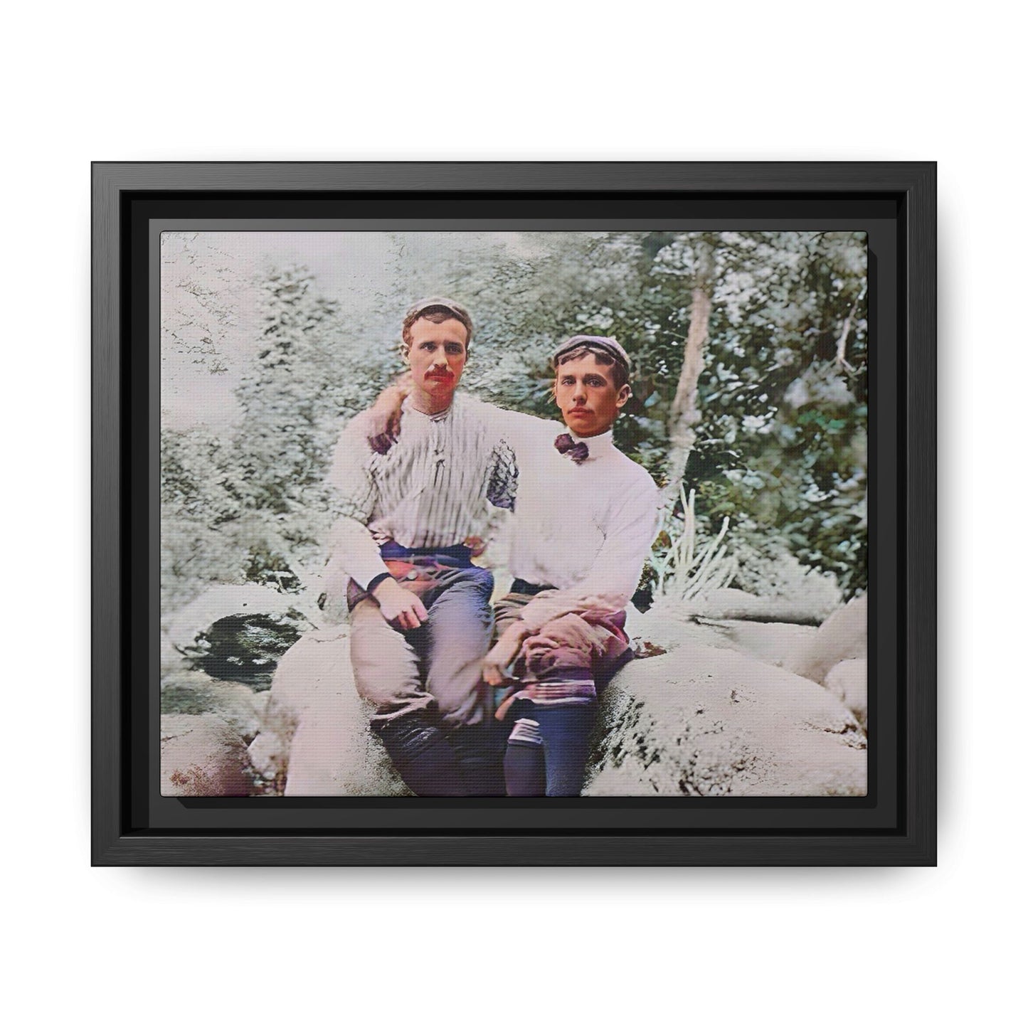A framed vintage love portrait on matte canvas featuring Grover and Emil in Villamont, Virginia, capturing timeless LGBTQ+ connection and companionship. Gay Couple