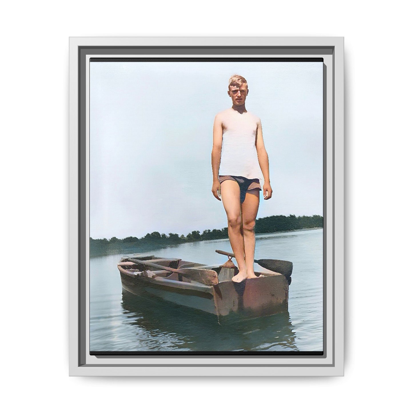 A framed vintage lake portrait on matte canvas featuring George standing on a rowboat at Creve Coeur Lake, Missouri, capturing timeless outdoor nostalgia.