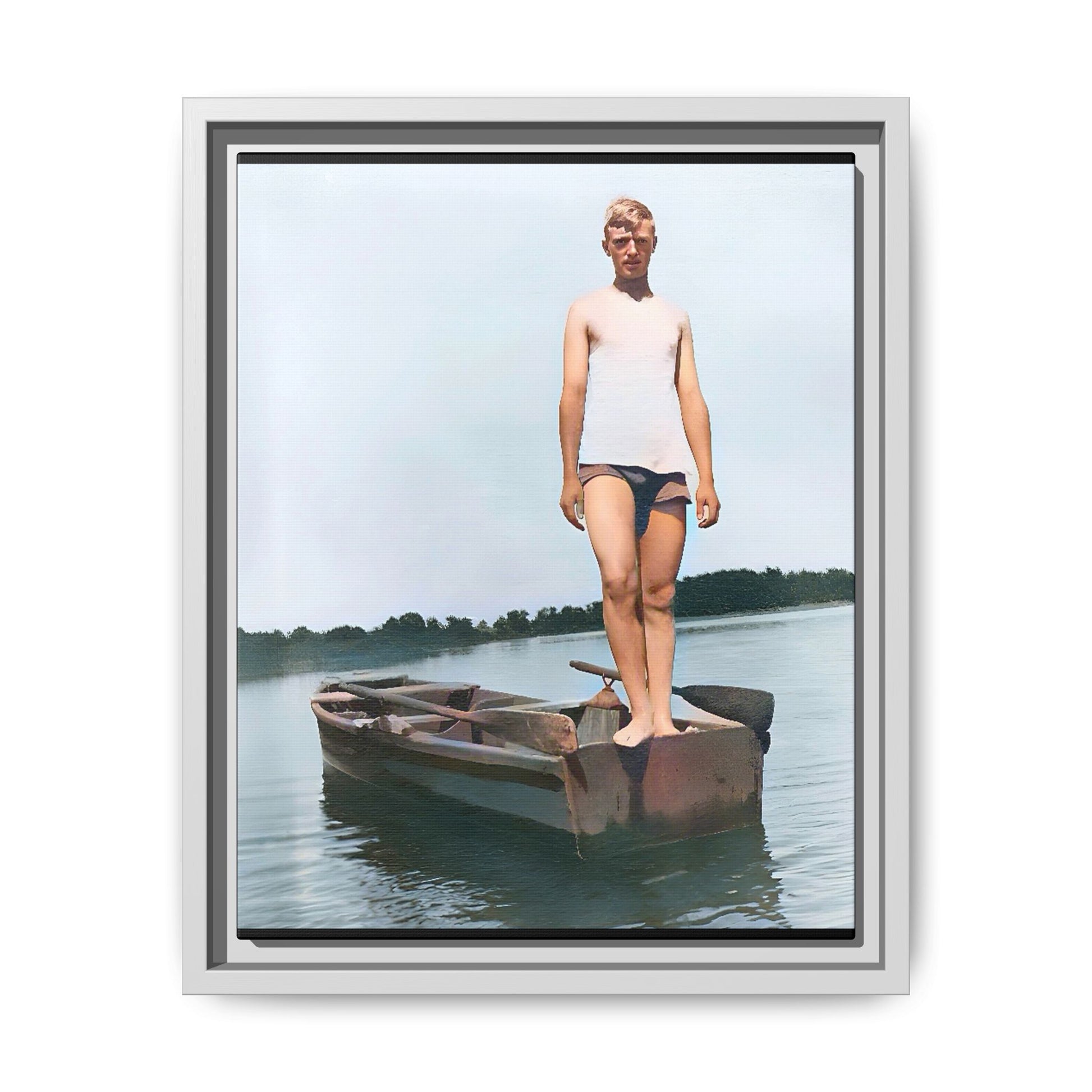 A framed vintage lake portrait on matte canvas featuring George standing on a rowboat at Creve Coeur Lake, Missouri, capturing timeless outdoor nostalgia.