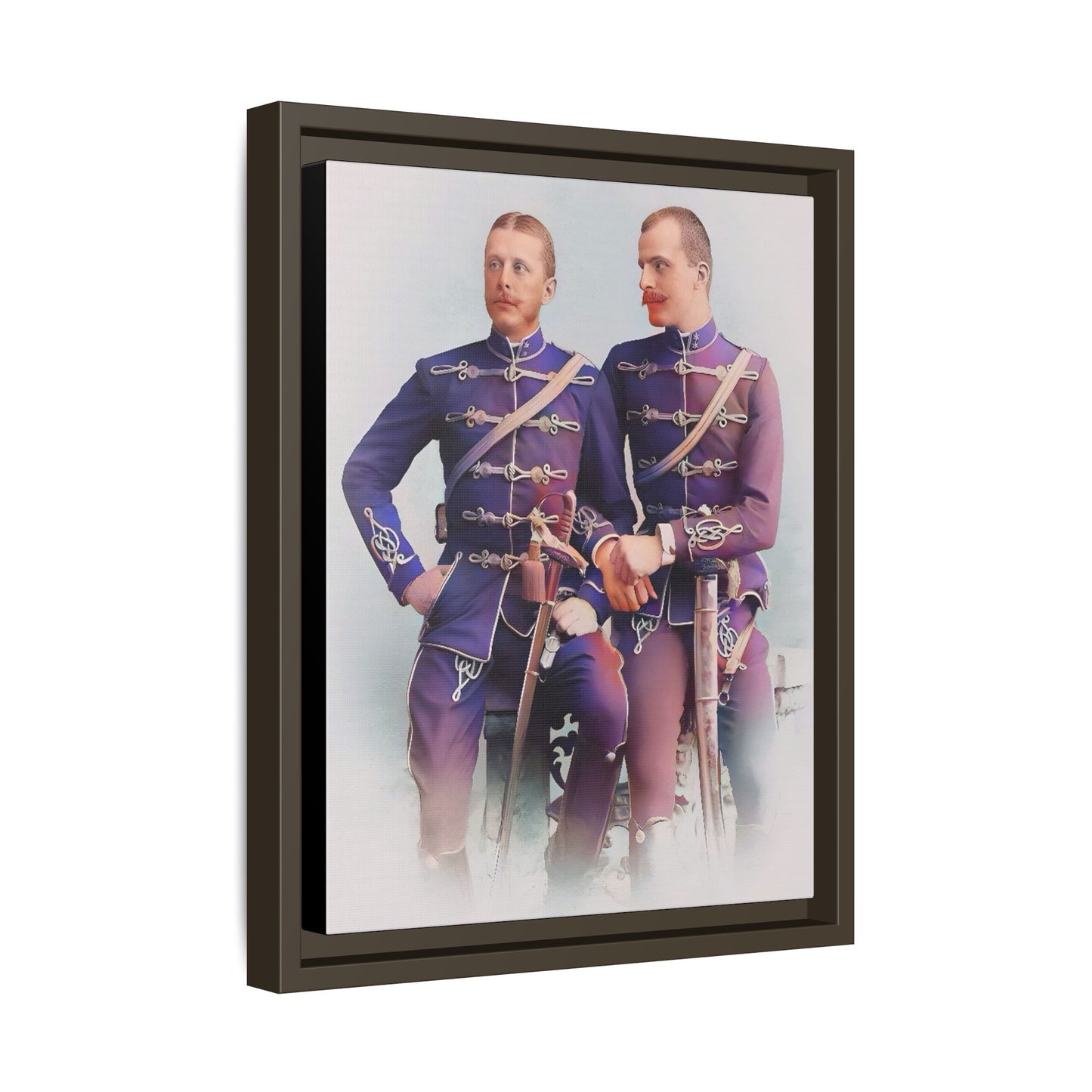 A restored vintage military portrait of Nicolae & Valeriu, elegantly framed to honor LGBTQ+ history and love.
