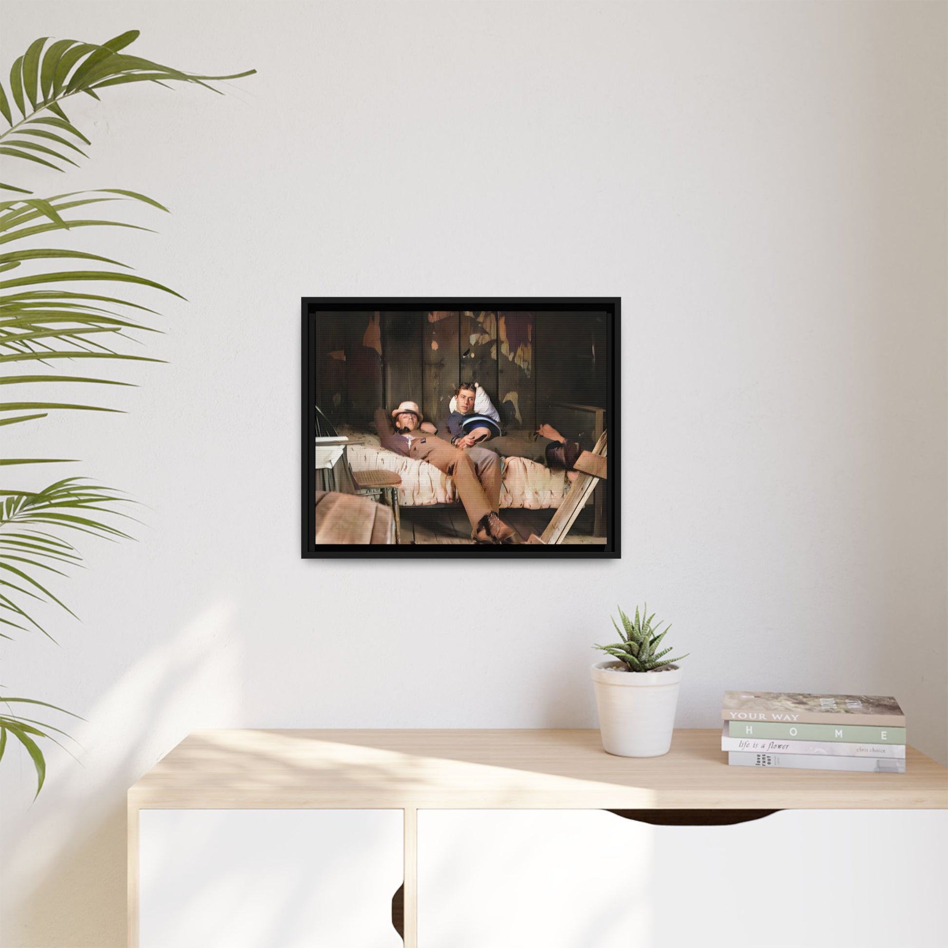 A vintage portrait of Henry & Joseph in a rustic Oregon cabin. This framed matte canvas captures LGBTQ+ history, love, and the beauty of a quiet, intimate moment, making it a timeless and meaningful addition to any collection or home. Gay Couple in bed.