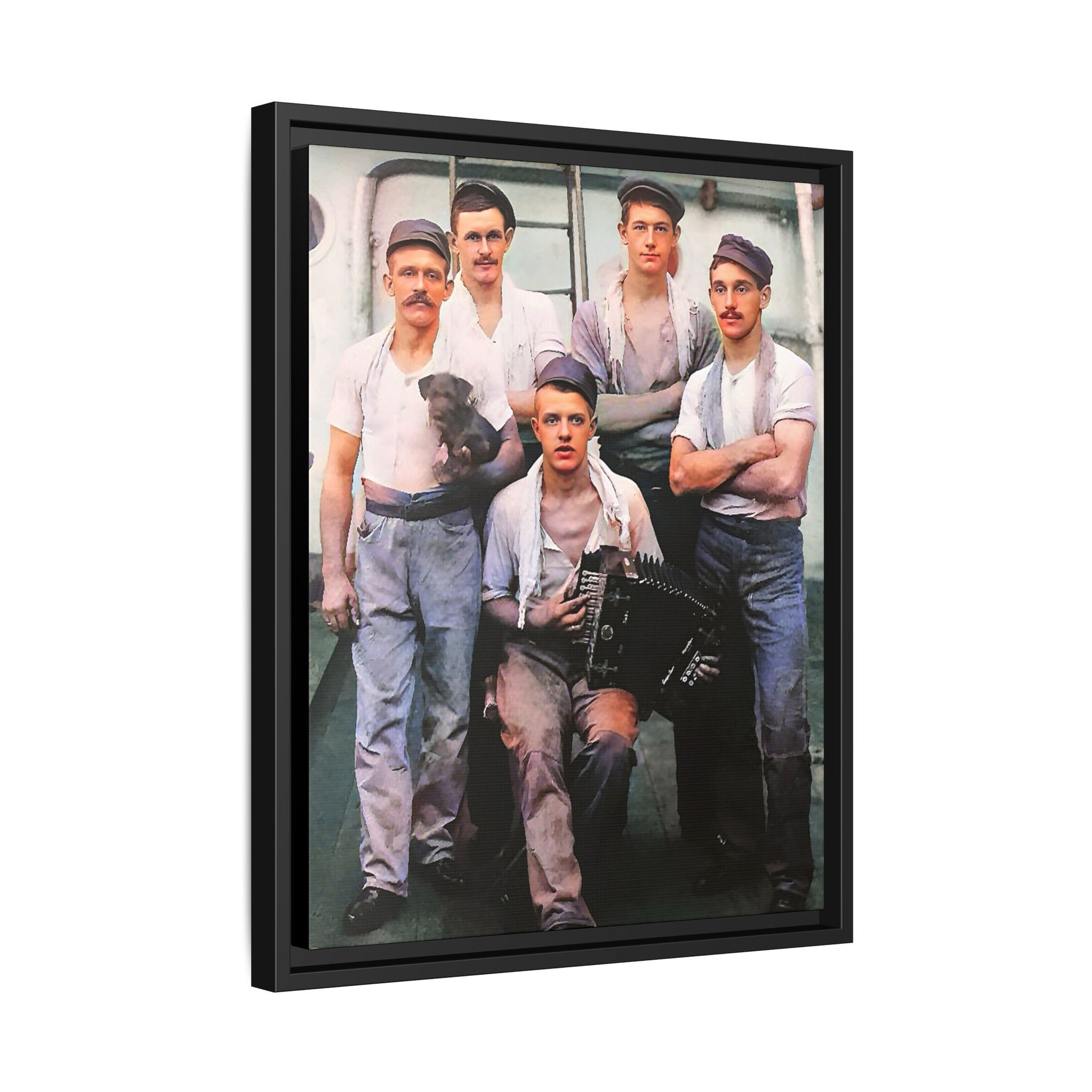 A vintage maritime photograph printed on matte canvas, featuring sailors aboard the Waimarino Cargo Ship, highlighting companionship, tradition, and the spirit of life at sea.
