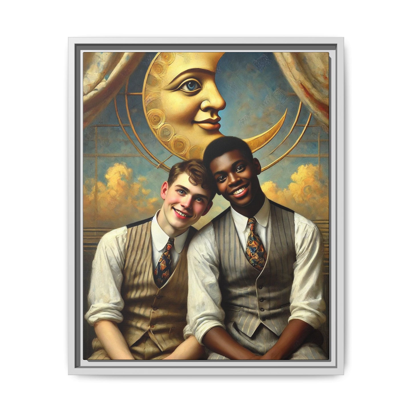 A vintage-style artwork showing a young interracial gay couple in 1920s attire sitting beneath a golden crescent moon with a serene expression. Their joyful closeness reclaims erased queer history and reflects the beauty of interracial love through a lens of tenderness and celebration.
