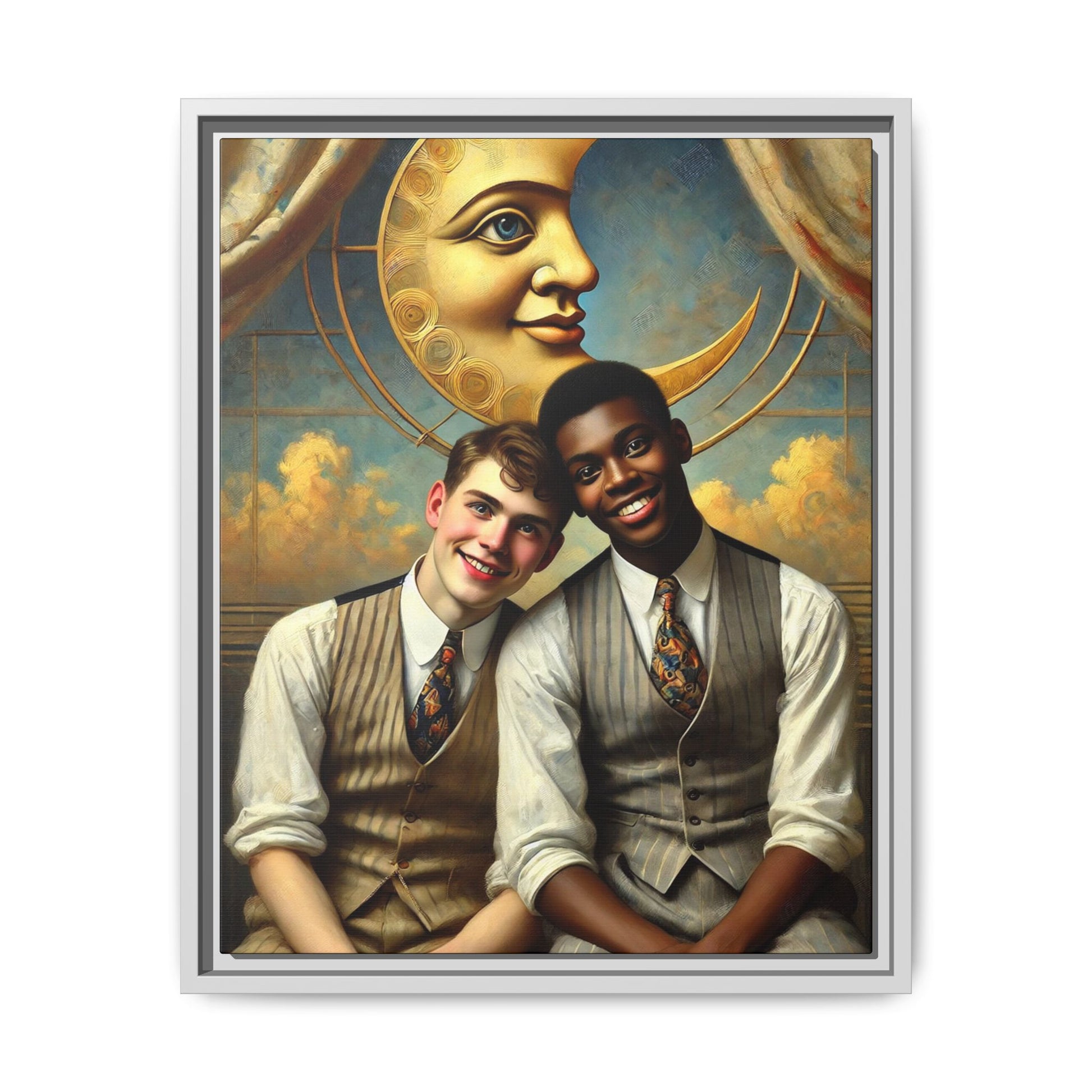 A vintage-style artwork showing a young interracial gay couple in 1920s attire sitting beneath a golden crescent moon with a serene expression. Their joyful closeness reclaims erased queer history and reflects the beauty of interracial love through a lens of tenderness and celebration.