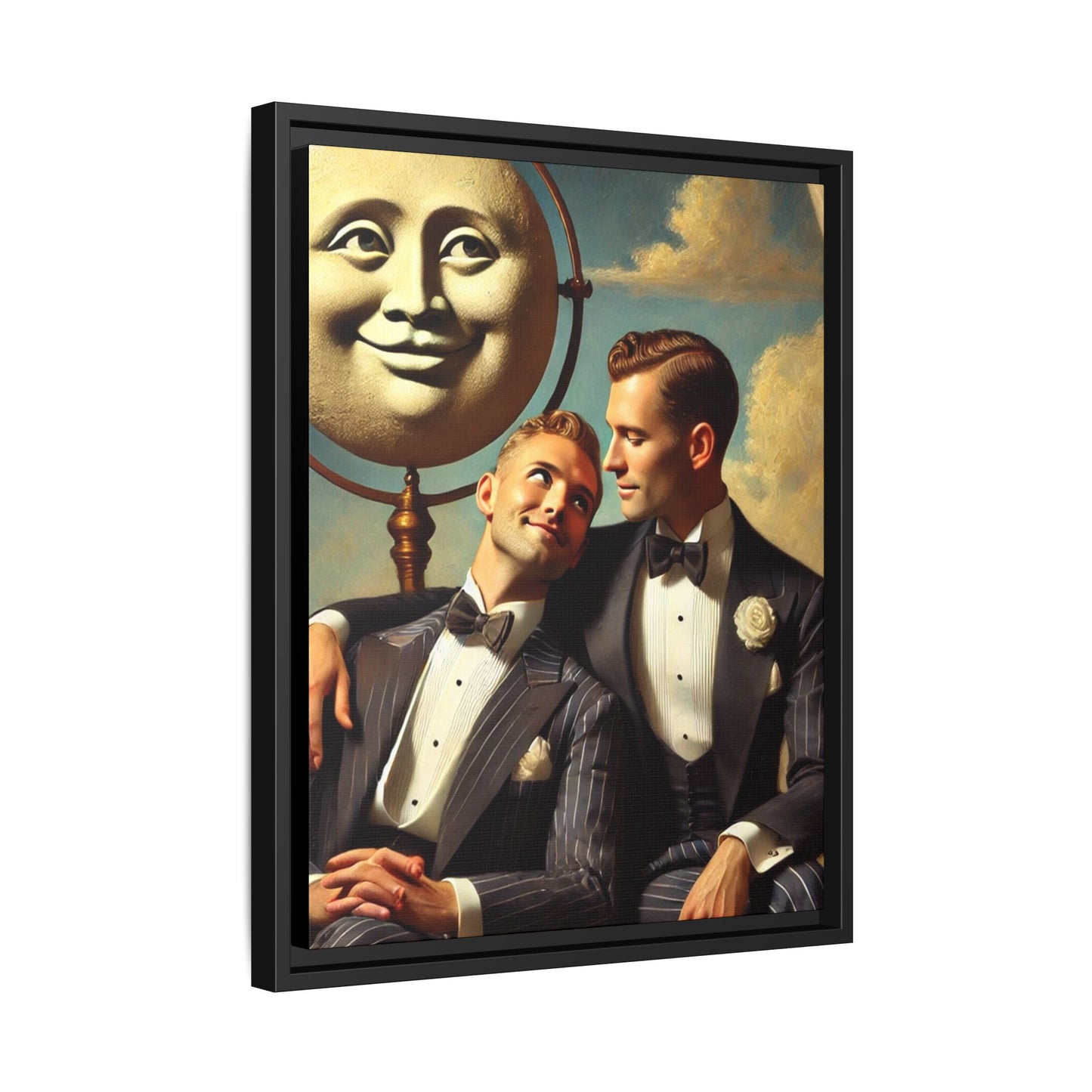 Framed matte canvas portrait featuring two young men in vintage overalls with a crescent moon prop above them. This artwork from the Missing Art Studies series reclaims LGBTQ+ imagery that may have been lost to bias, presenting warmth, intimacy, and presence.