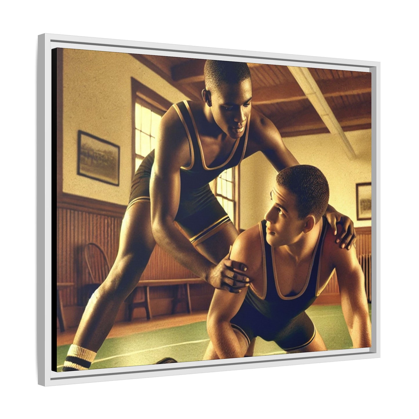 Framed canvas artwork inspired by Grant Wood featuring African-American and European-American wrestlers in a vintage gymnasium. A tribute to unity, diversity, and regionalist art.