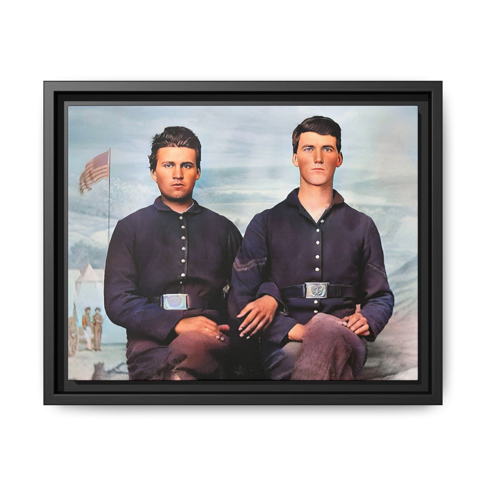 A framed vintage Civil War photo on matte canvas featuring two Union soldiers at Camp Curtin, honoring military history. Gay Couple