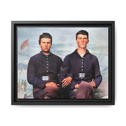 A framed vintage Civil War photo on matte canvas featuring two Union soldiers at Camp Curtin, honoring military history. Gay Couple