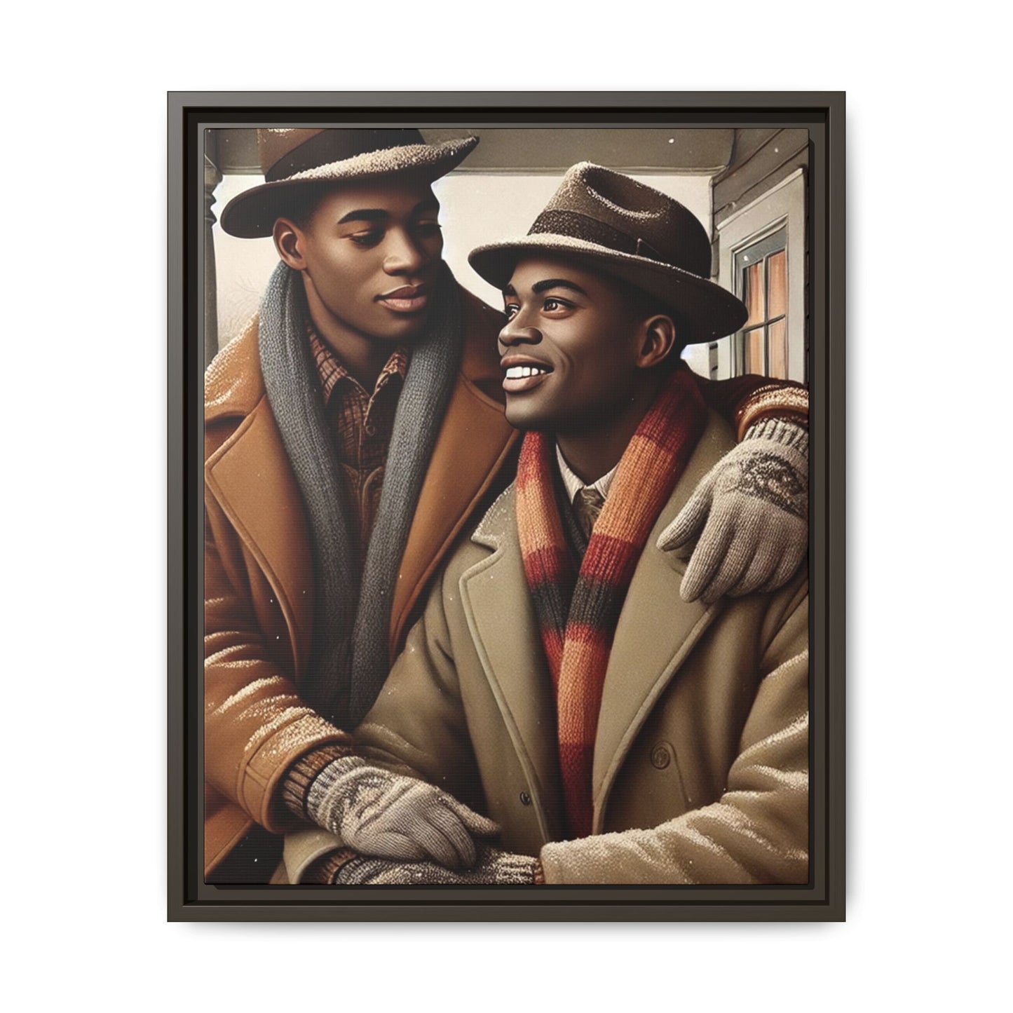 Artwork of an African-American queer couple sharing a cozy winter moment on a porch. Dressed in vintage winter attire with fedoras, scarves, and warm coats, they exchange affectionate gazes amidst softly falling snow, capturing love, warmth, and intimacy in a nostalgic winter setting.