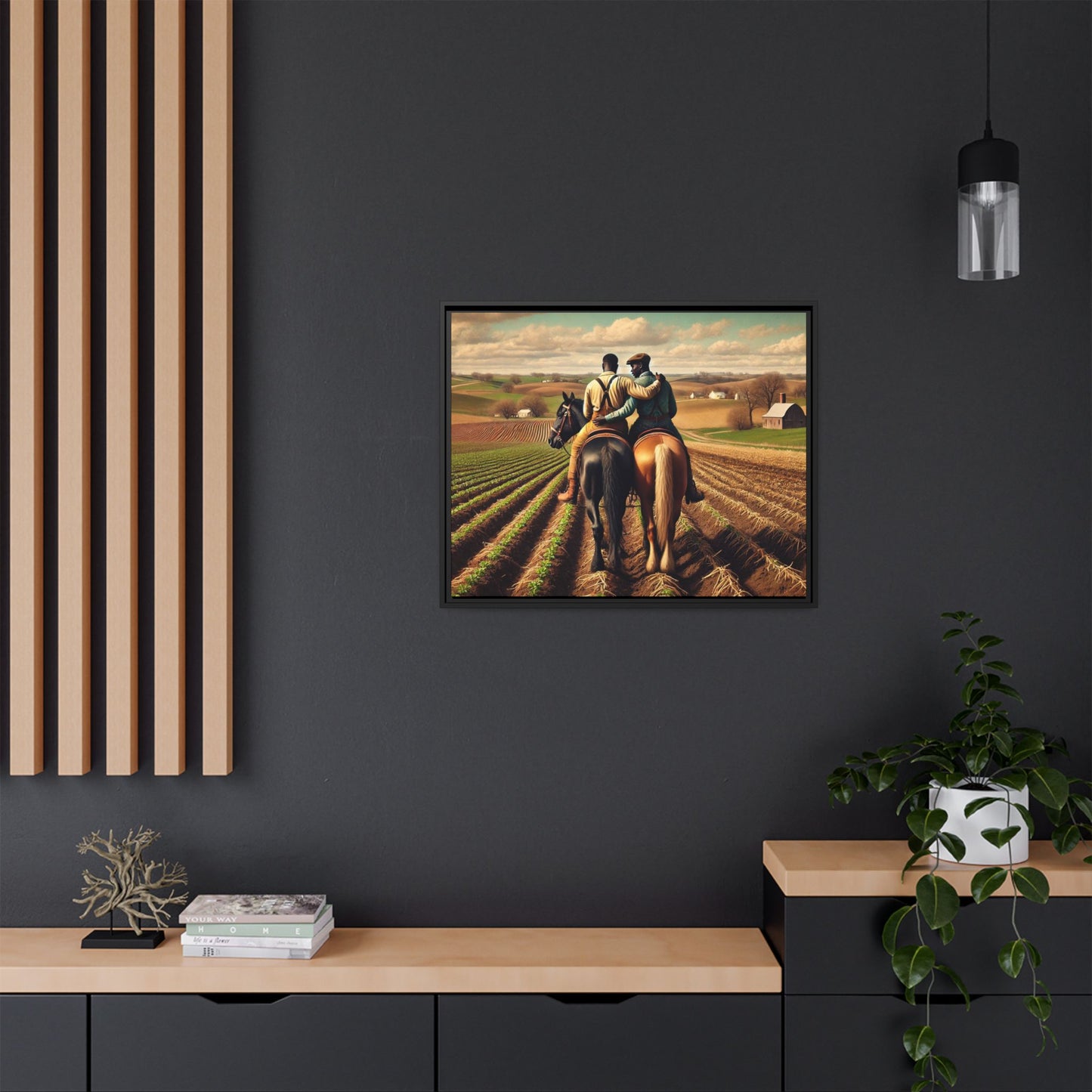Artwork of an African-American gay couple riding horseback through expansive farmland, sharing a tender moment as they overlook lush fields. Dressed in rugged vintage attire, this scene captures resilience, love, and the charm of rural life, celebrating LGBTQ+ history and African-American heritage.