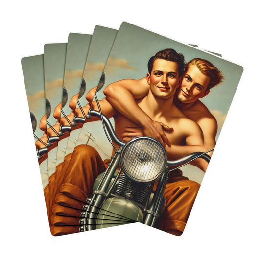 Vintage-style poker cards featuring a Grant Wood-inspired illustration of two men on a motorcycle, symbolizing queer history and freedom.