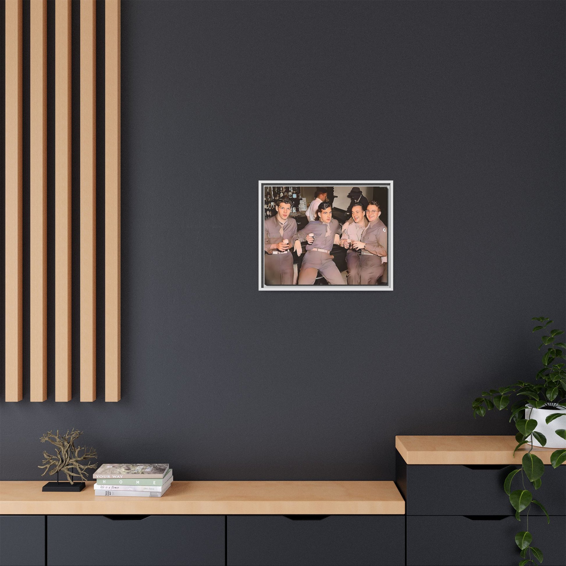 Restored vintage photograph of soldiers in uniform gathered at Jackson's gay bar in mid-20th century San Francisco. Framed matte canvas print celebrating camaraderie, resilience, and LGBTQ+ history