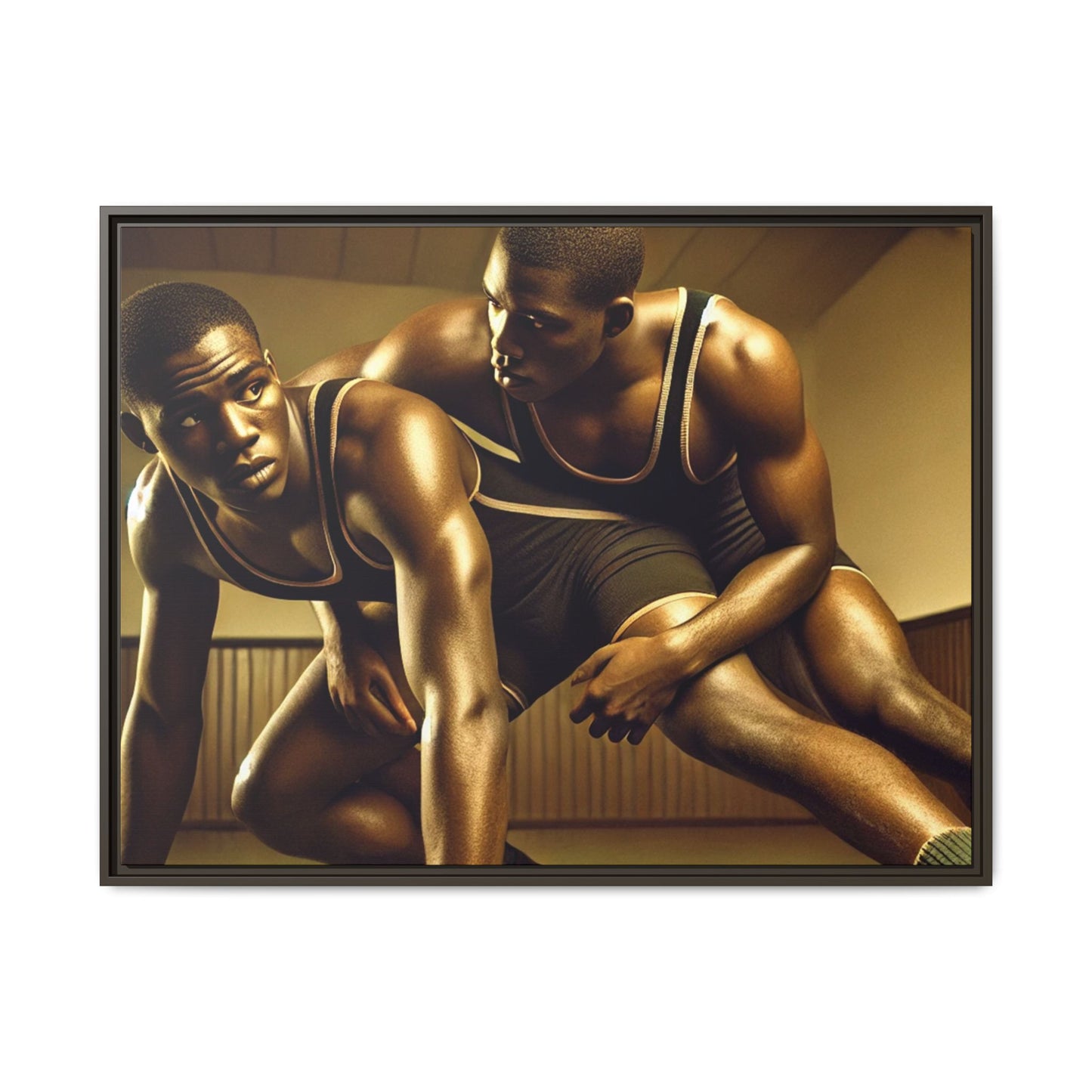 Framed artwork inspired by Grant Wood, showcasing African-American wrestlers in a vintage gymnasium setting. A powerful tribute to teamwork, resilience, and regionalist art.